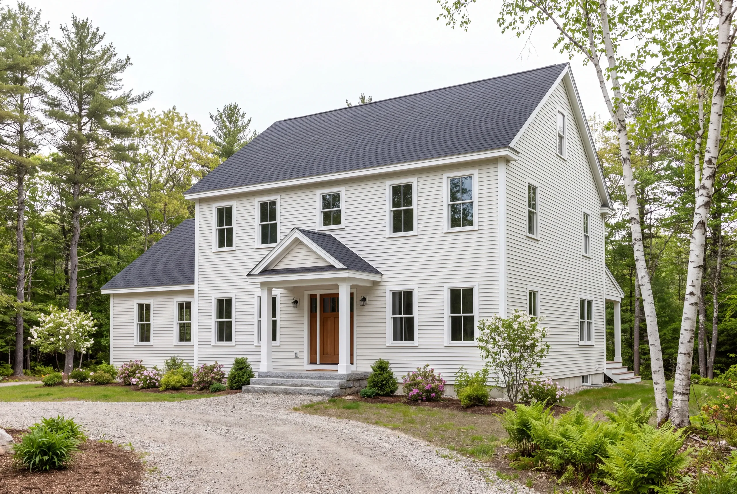 A two-story light gray sided house with a dark shingle roof stands among trees with a gravel driveway leading to the front entrance.