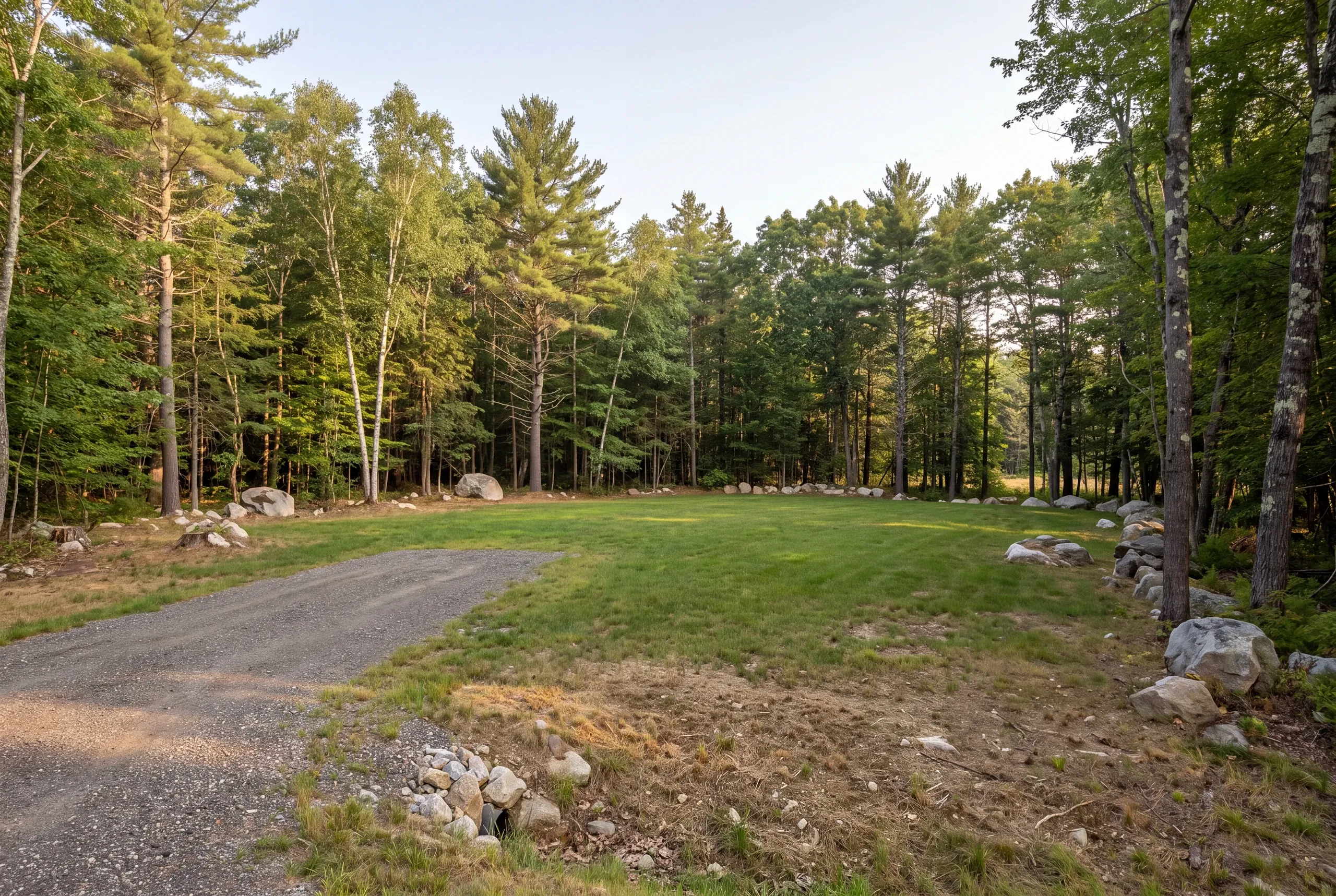 A level residential lot featuring a clear central grass area, surrounded by a mature mixed pine and birch boundary, with a modest gravel approach in the foreground.