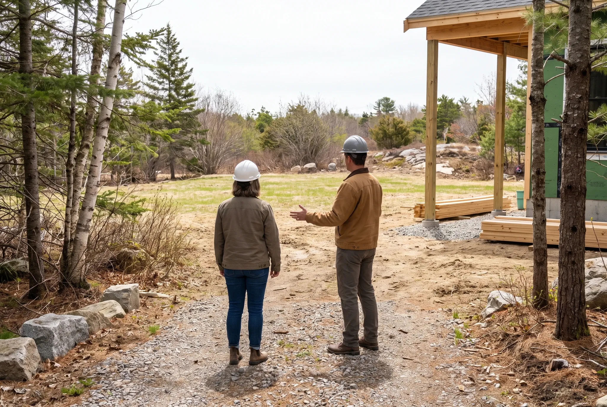 Two people wearing hard hats stand on a dirt and gravel path facing a grassy clearing next to a structure under construction.