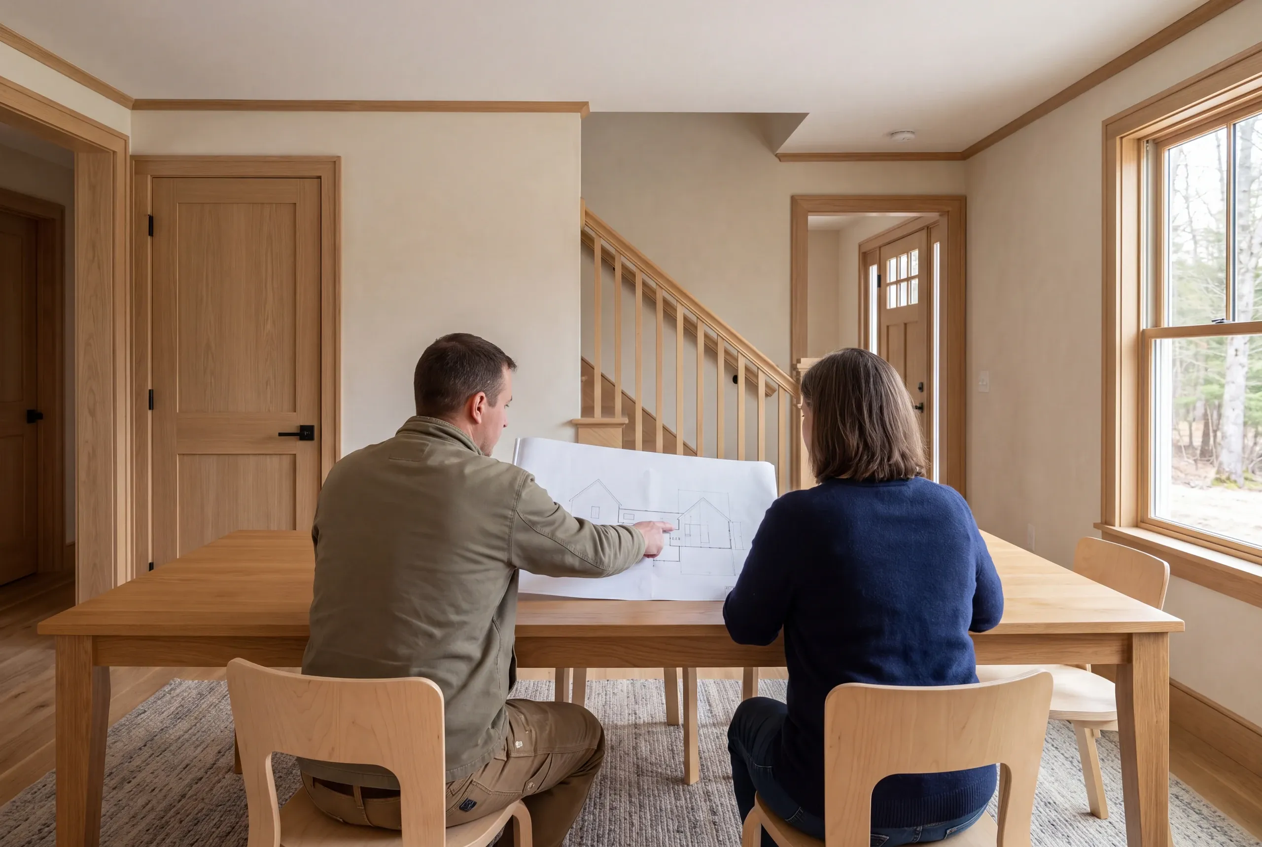 Two adults sit at a wooden table reviewing a house plan inside a finished room with wooden trim and a staircase.