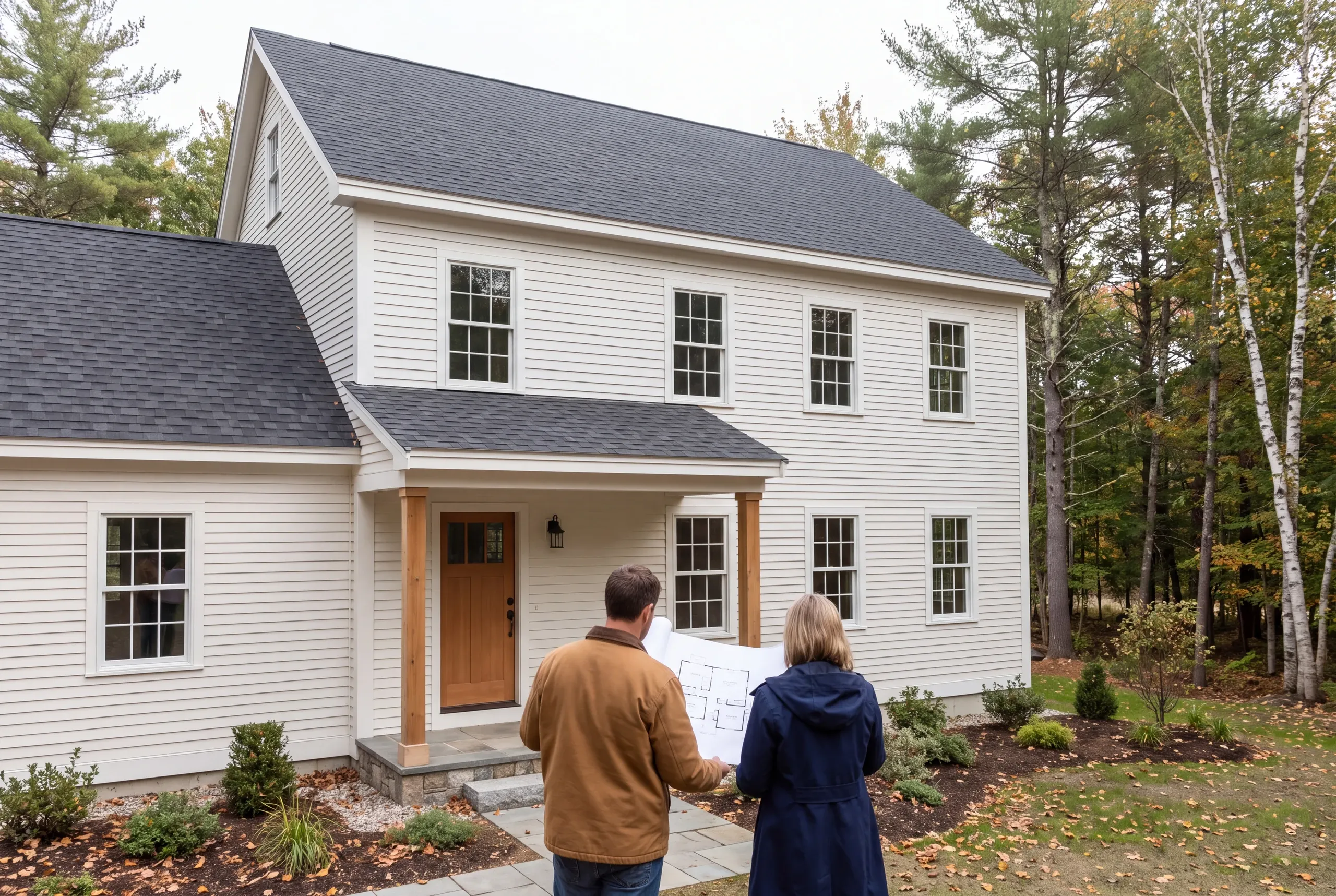 Two adults seen from behind stand outside a two-story white house holding a floor plan.