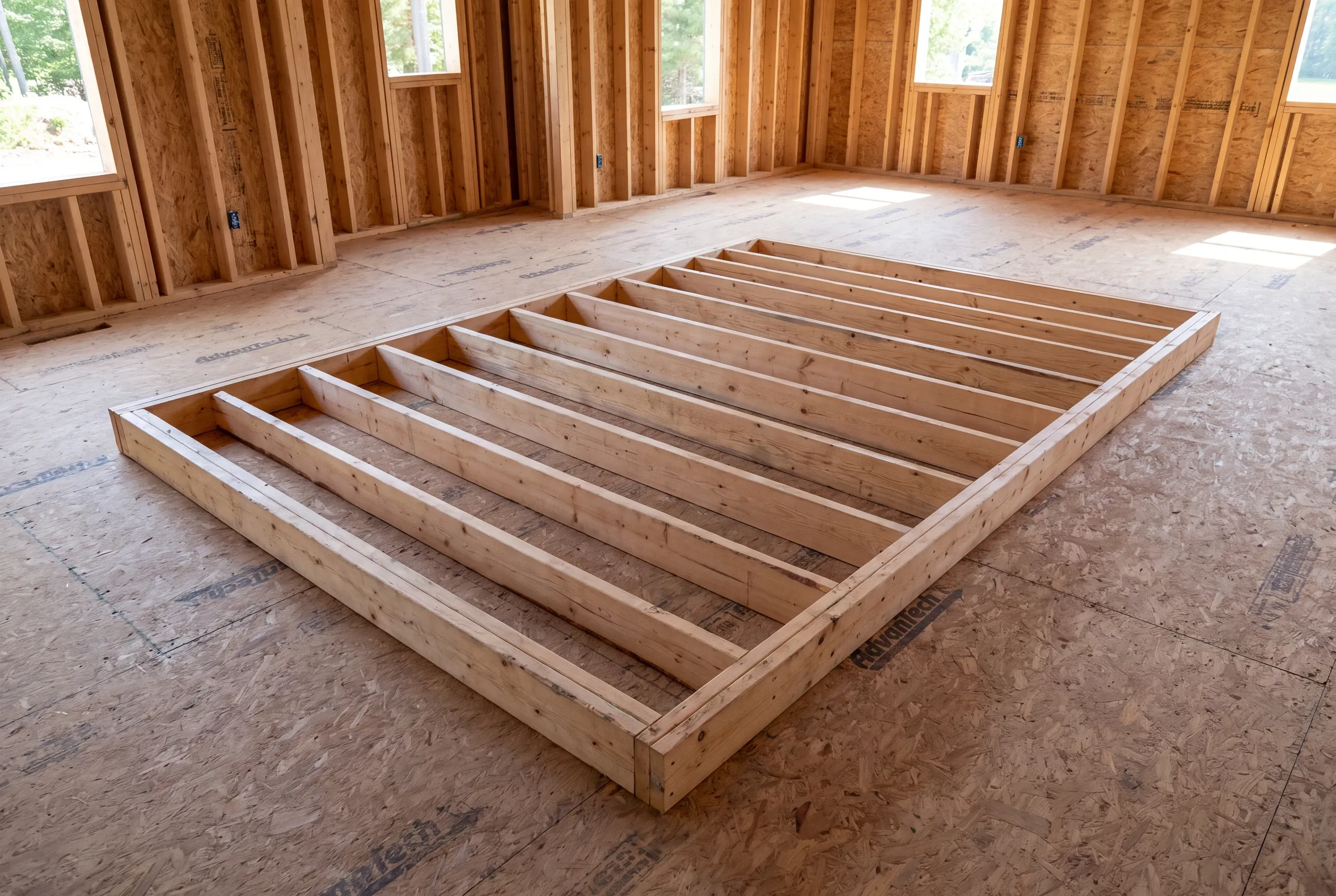A flat rectangular wooden wall frame rests on an OSB subfloor inside a room under construction.