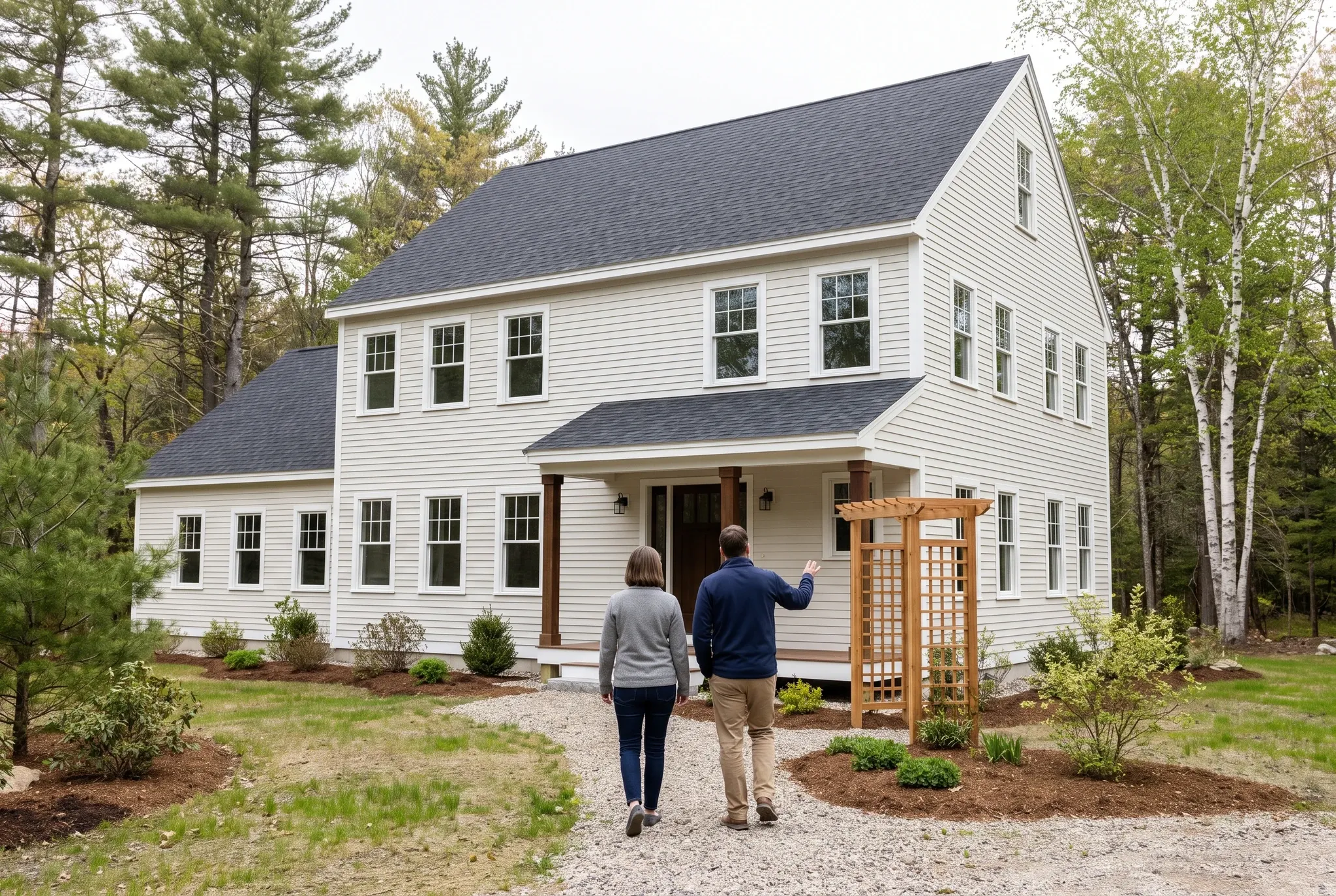 Two adults seen from behind walking up a gravel path toward the entrance of a newly built two-story light-colored house with a dark roof.