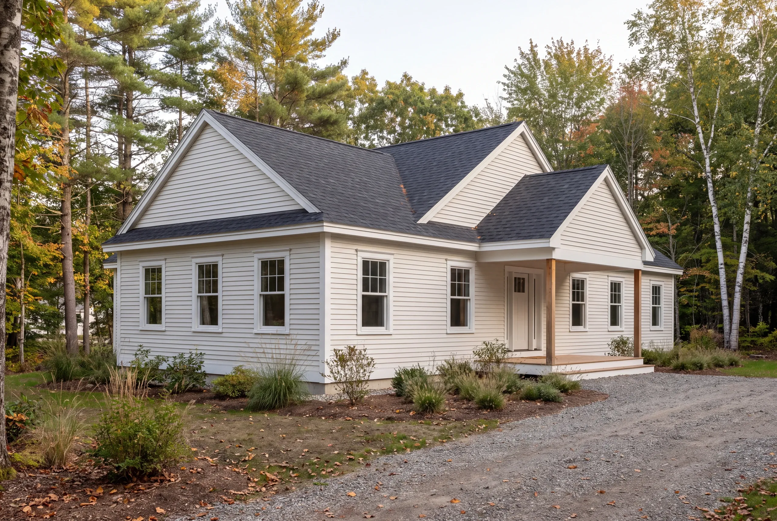 Exterior view of a newly constructed single-story New England-style home with white siding, a dark shingled roof, a covered entry porch, and a gravel driveway surrounded by trees.