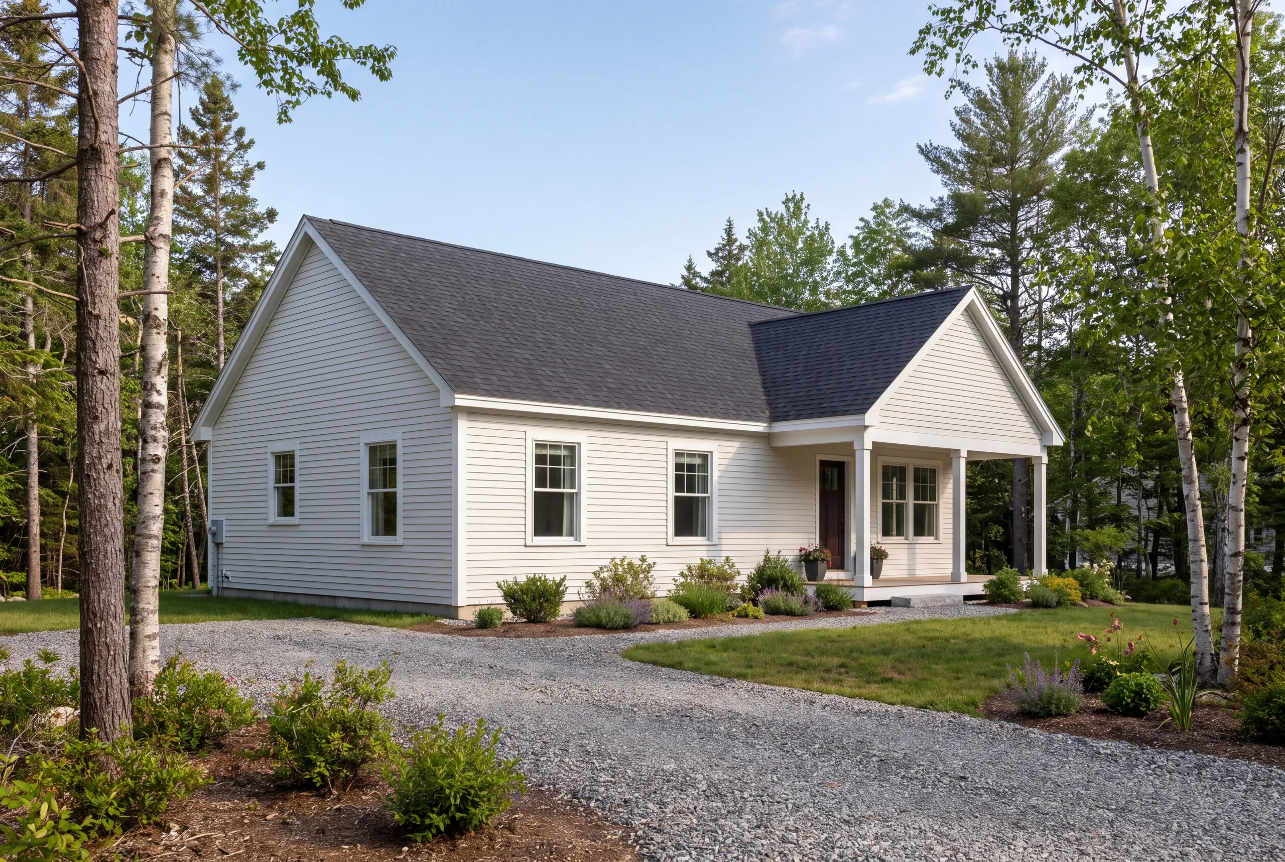 A single-story light-colored sided home with a dark shingled roof stands surrounded by trees and a gravel driveway.