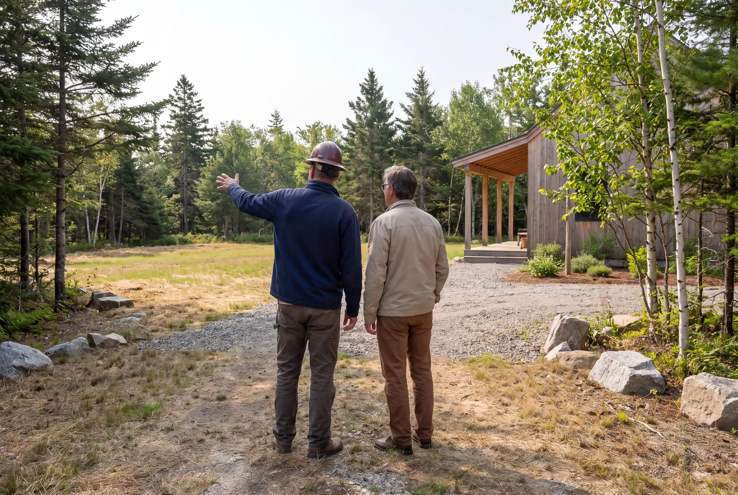 Two men stand outdoors facing a wooded area, with one man wearing a hard hat and pointing toward the trees next to a modern wooden building.