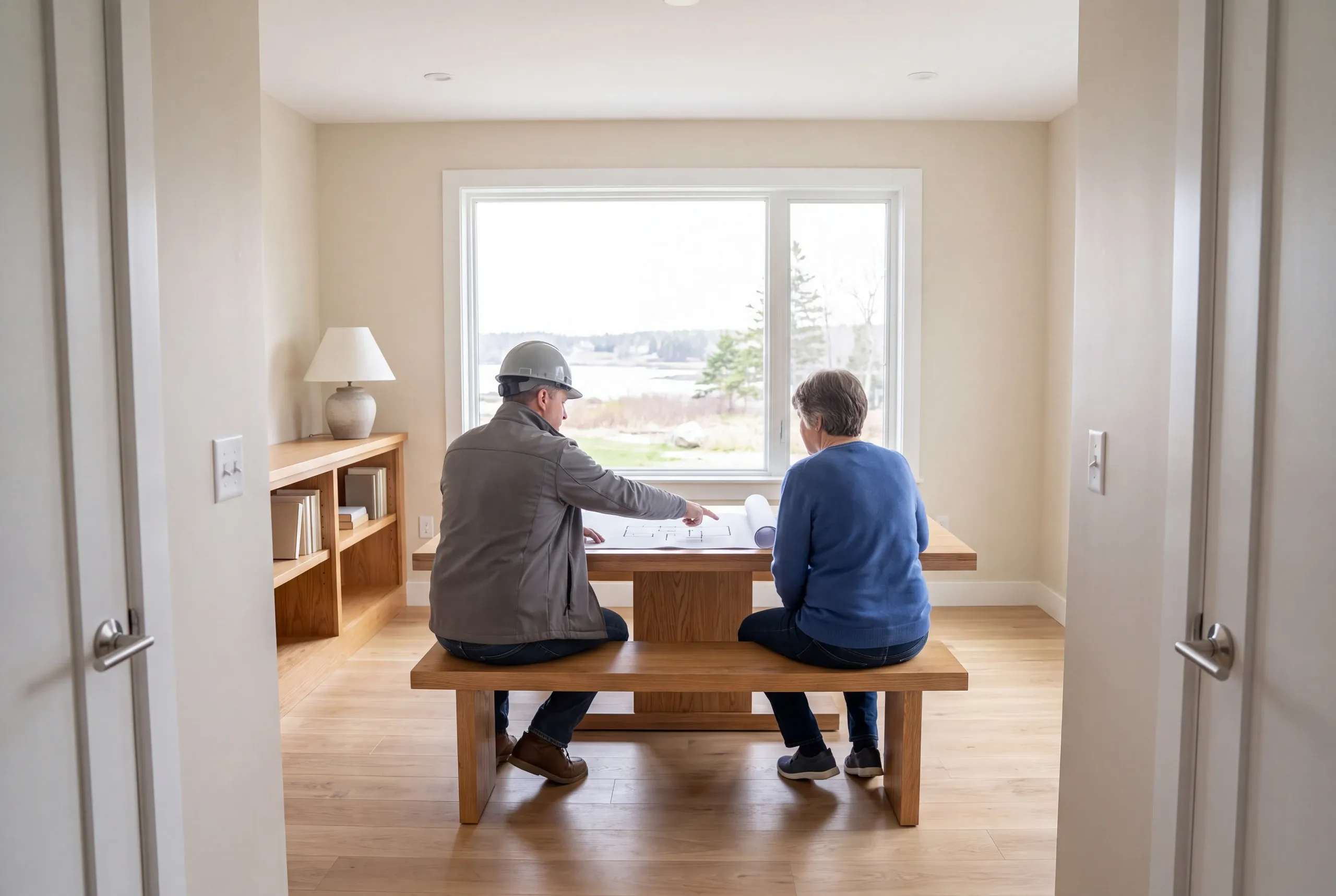 Two adults seated on a wooden bench at a table in front of a window, with one person wearing a hard hat pointing at blueprints.