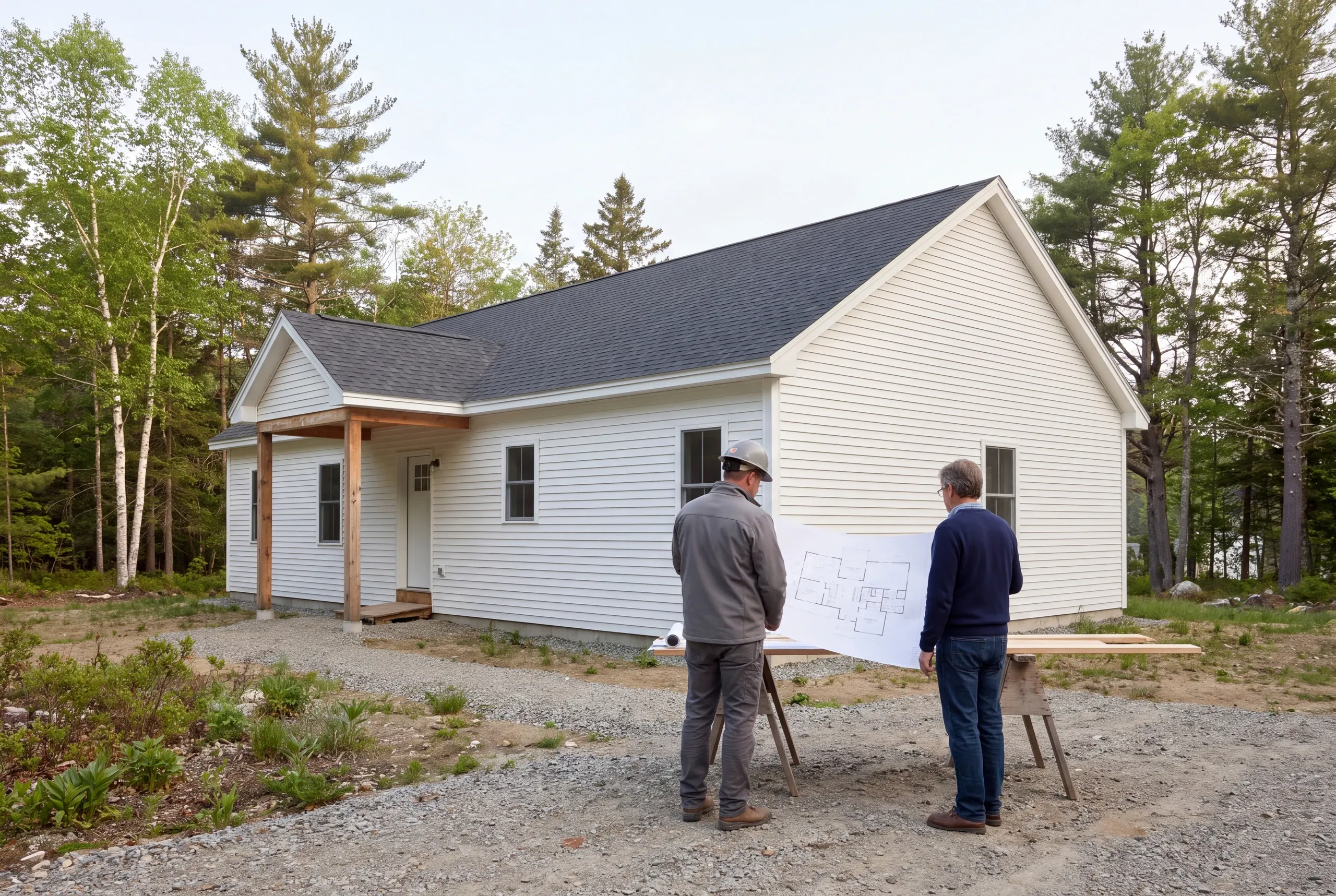 Two men stand outdoors in front of a white single-story house with a grey roof, examining a large architectural blueprint spread across two sawhorses.