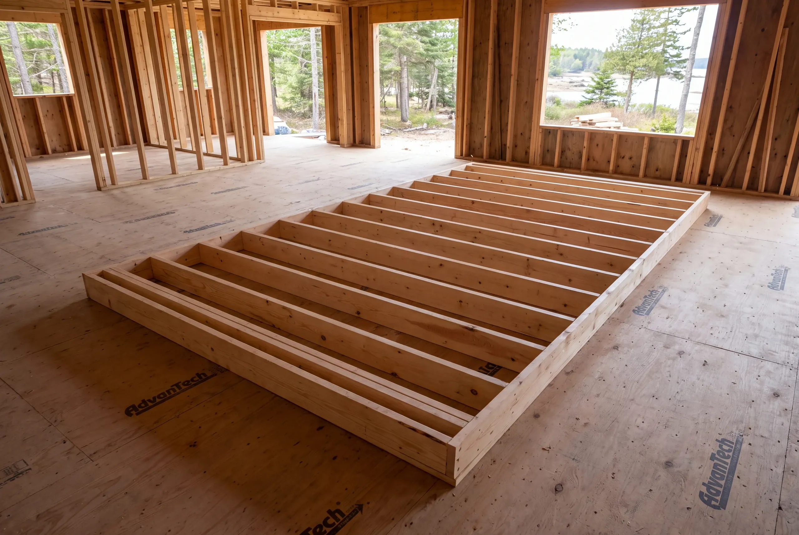 A wooden wall frame lies flat on a plywood subfloor inside a house under construction with visible framing and windows.
