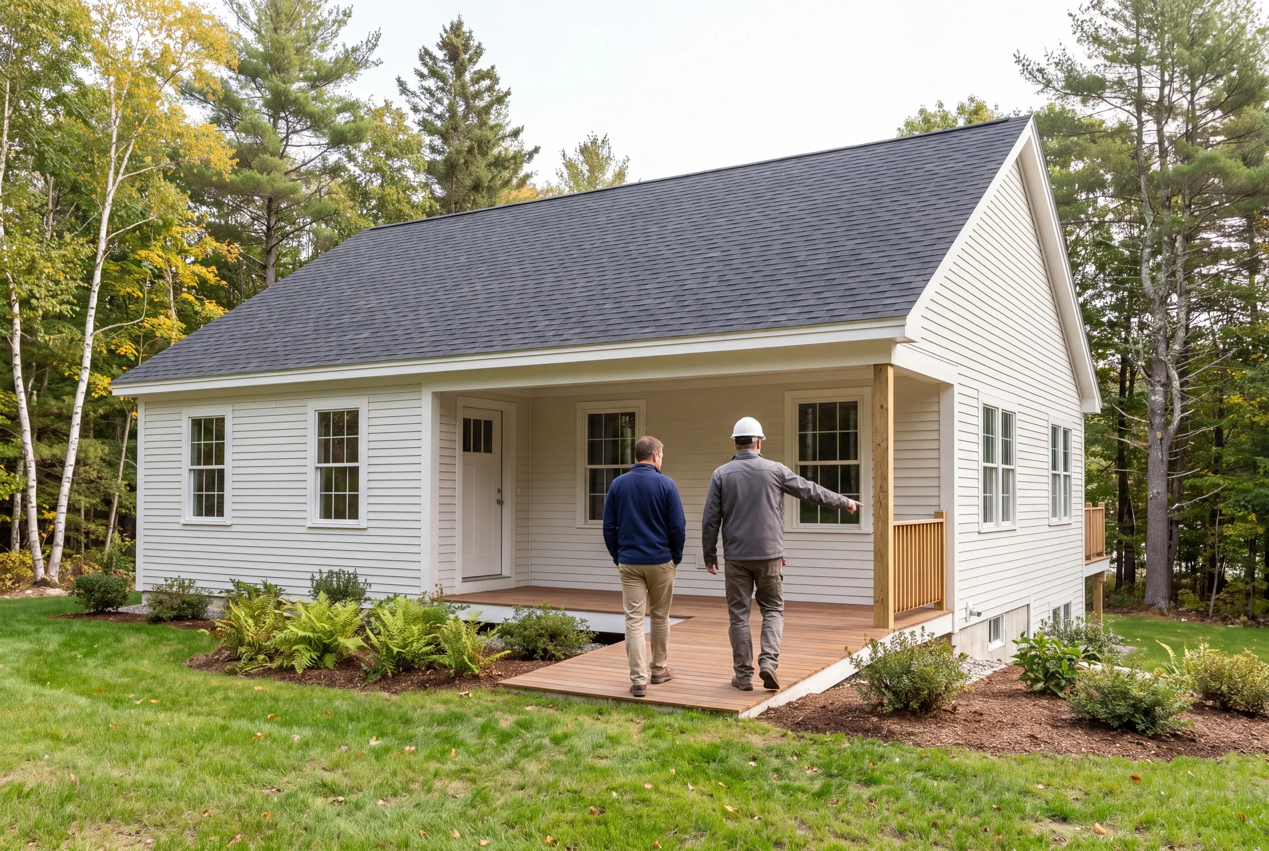 Two adults stand on a wooden deck outside a white-sided house, with one person wearing a hard hat pointing toward the side.