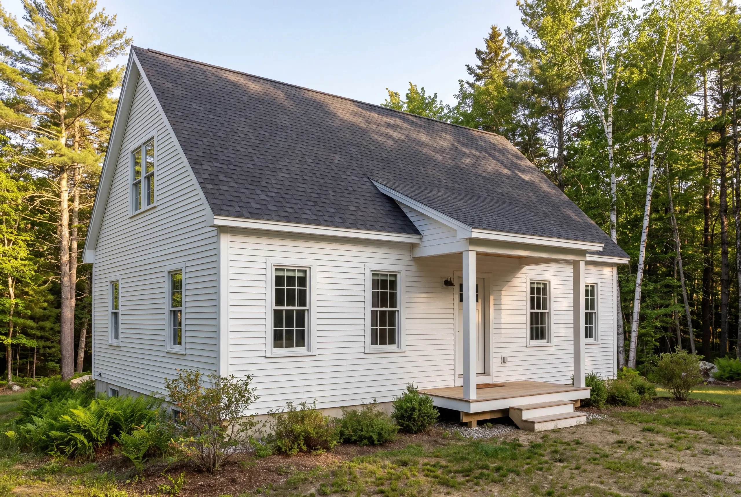 Custom home builder: a two-story white house with dark shingles stands surrounded by trees and greenery.