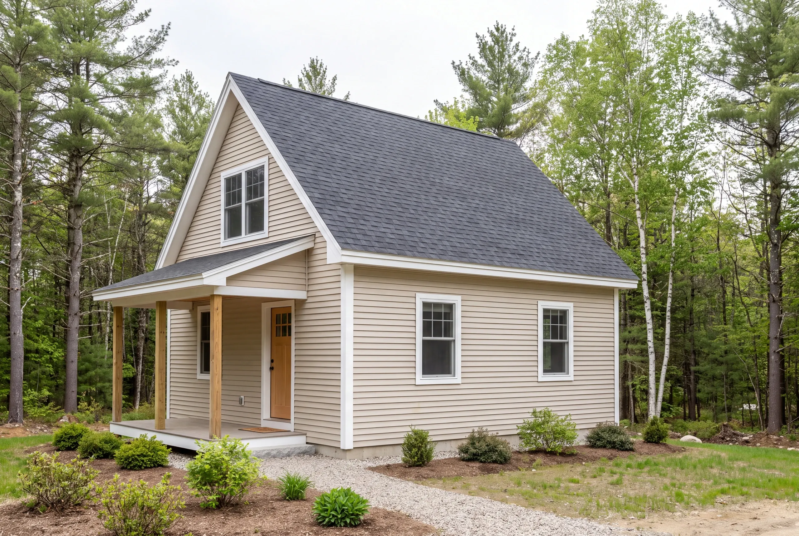 Exterior view of a small two-story house with beige siding, a dark shingled roof, a front porch, and surrounding forest.