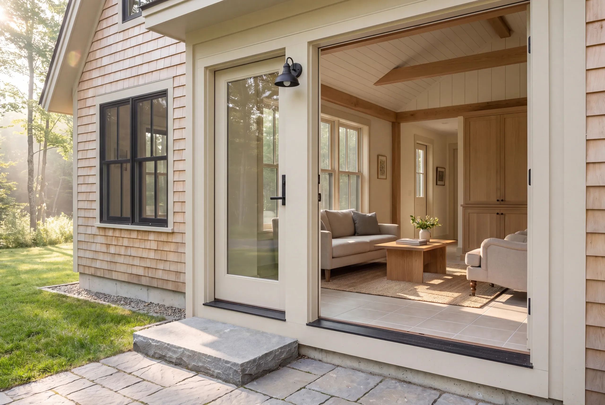 Exterior view showing an entrance and a connected living room interior visible through open large sliding doors.