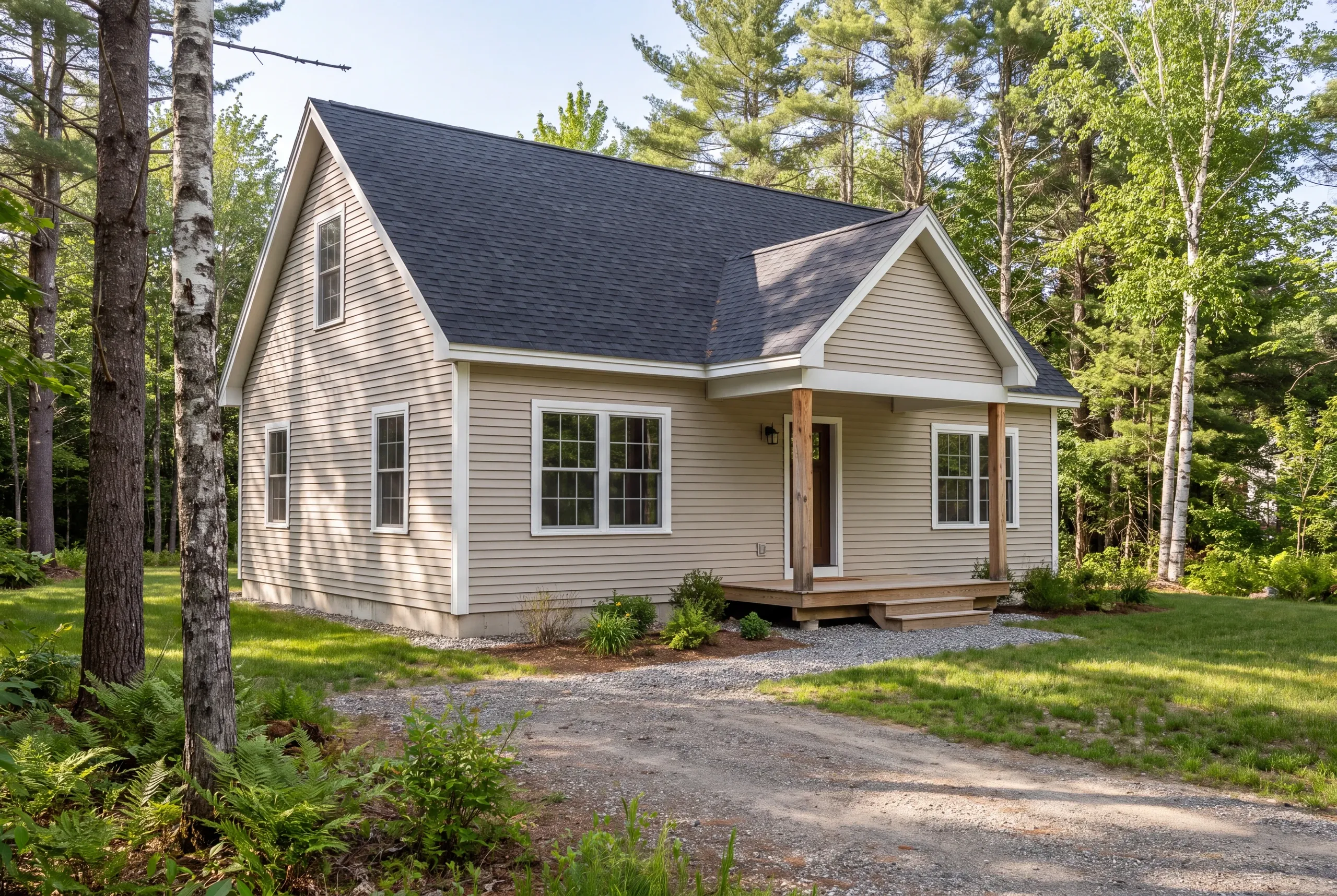 A two-story tan vinyl-sided home with dark shingle roof sits on a residential lot surrounded by trees and a gravel driveway leading to the front porch.