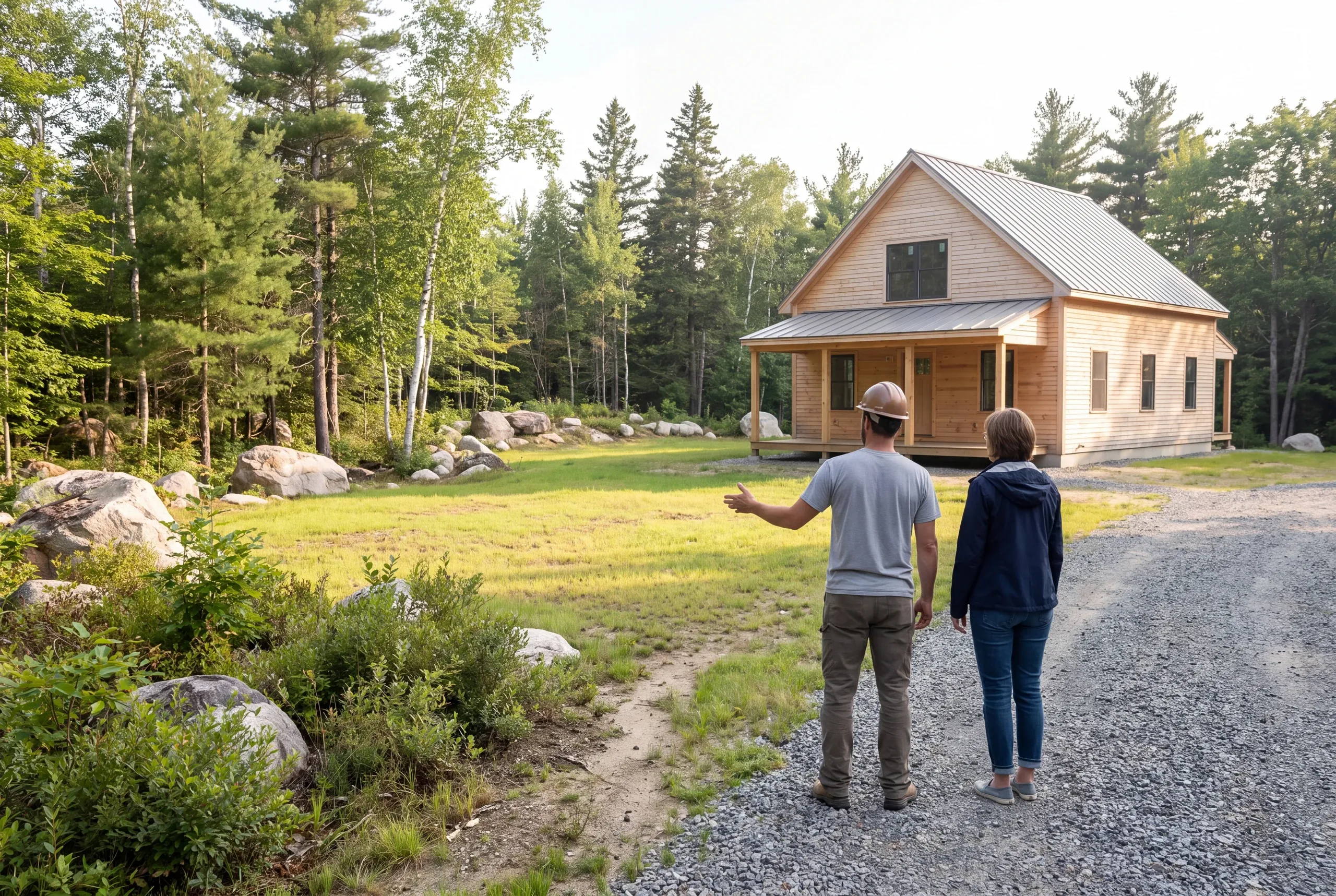 Two adults stand on a gravel path looking toward a wooden house surrounded by trees and boulders.