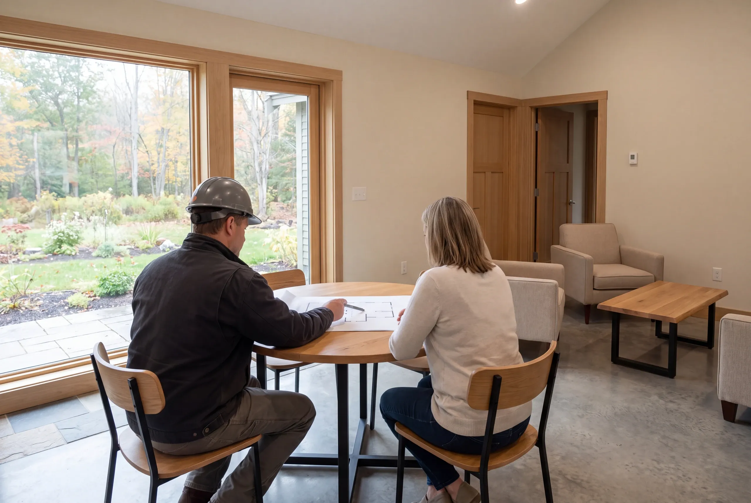 Two adults sit at a round wooden table reviewing a floor plan in a room with large windows overlooking a wooded yard.