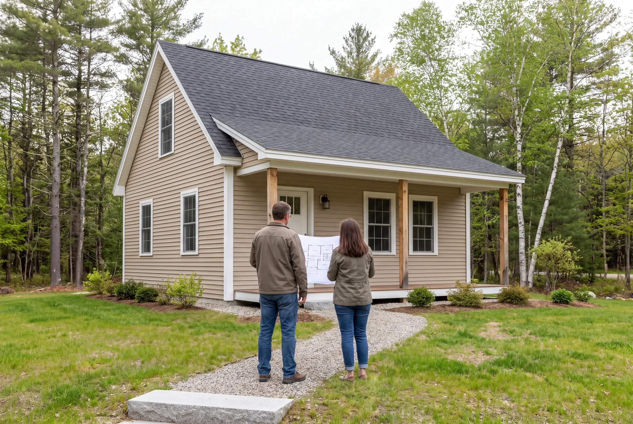A man and woman stand on a gravel path facing a small beige house while holding a blueprint.