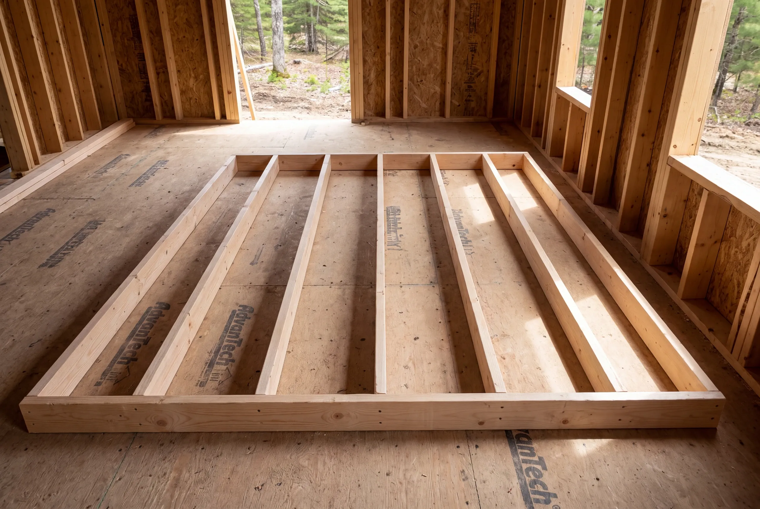 A wooden wall frame lies flat on a subfloor inside an unfinished building under construction.