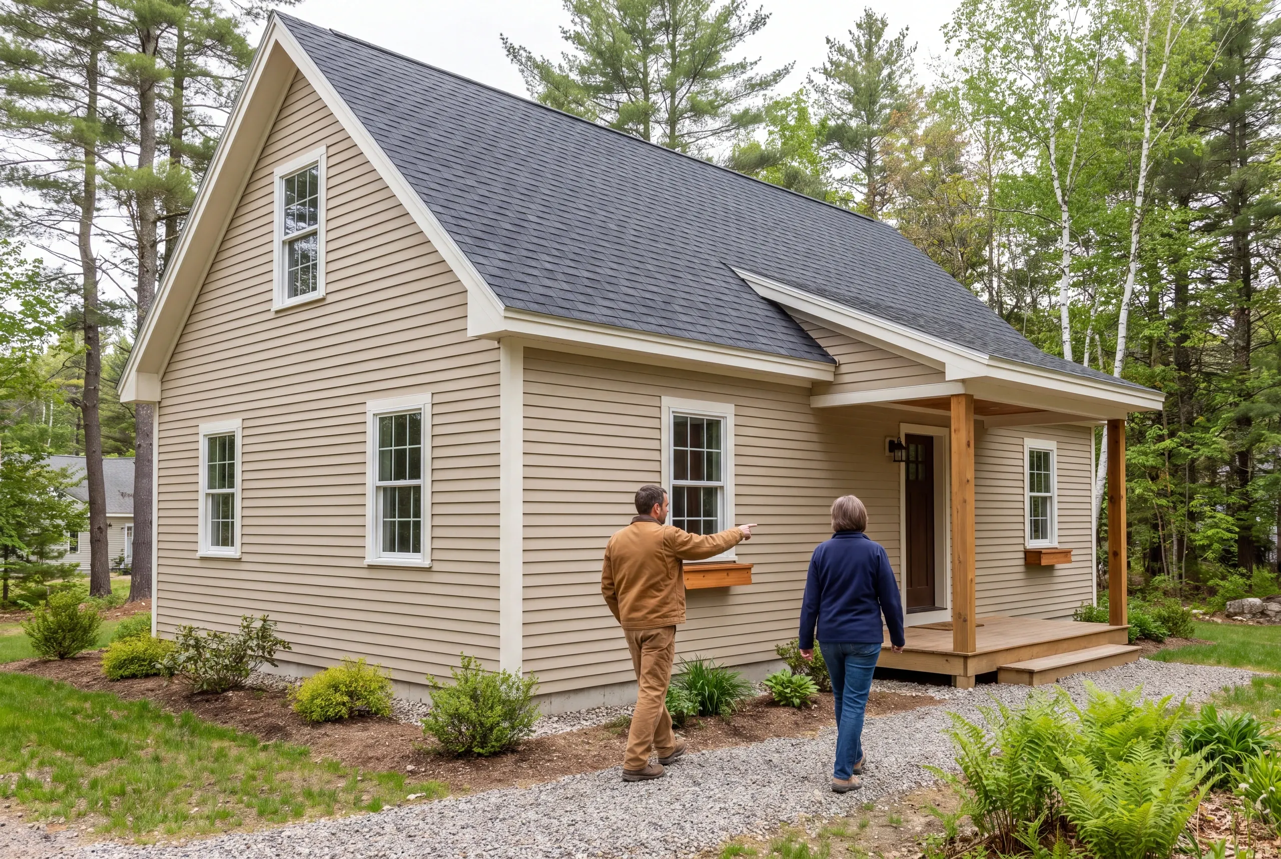 Two adults seen from behind walking on a gravel path toward the porch of a small beige house with a dark shingle roof.