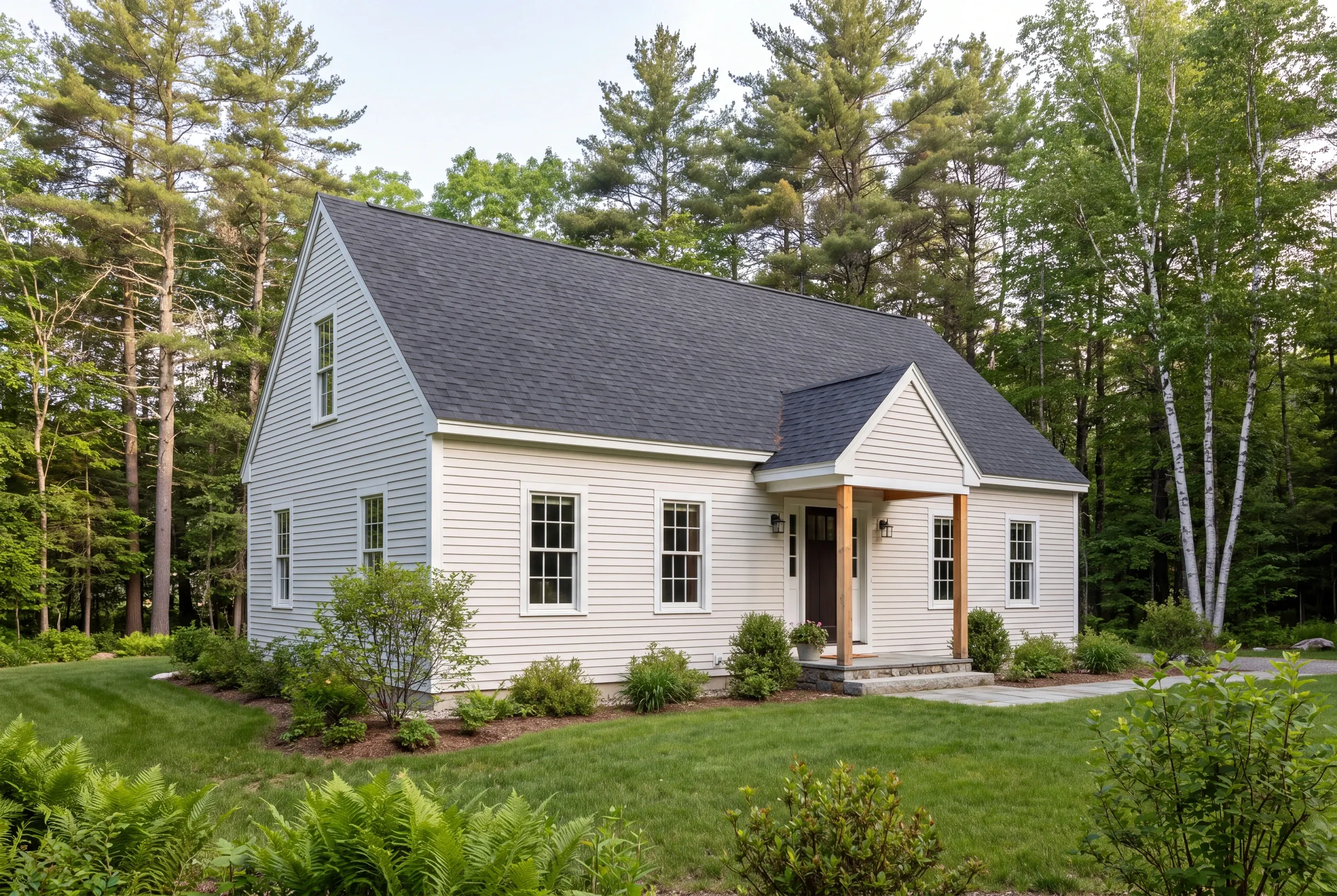 Exterior view of a light-colored house with a dark shingle roof, white trim, and multiple finished windows surrounded by clapboard siding.