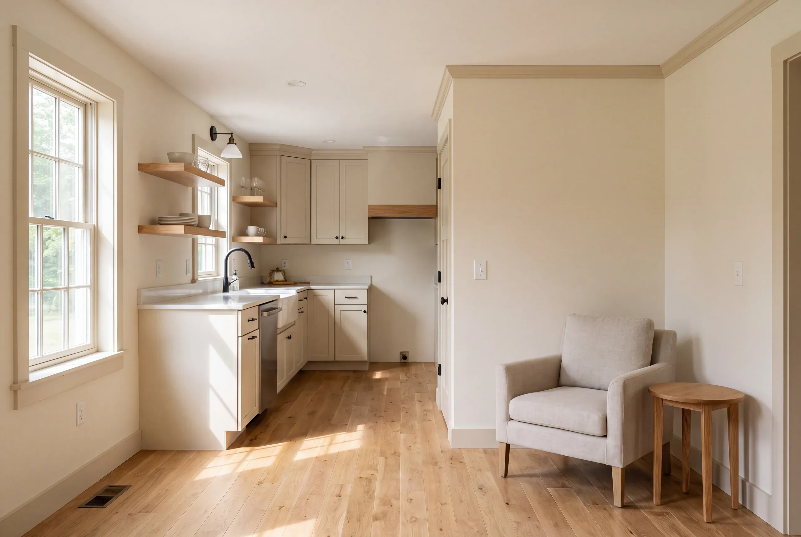 A newly completed kitchen with light cabinetry and wood flooring opens into a living space furnished with an armchair and side table.