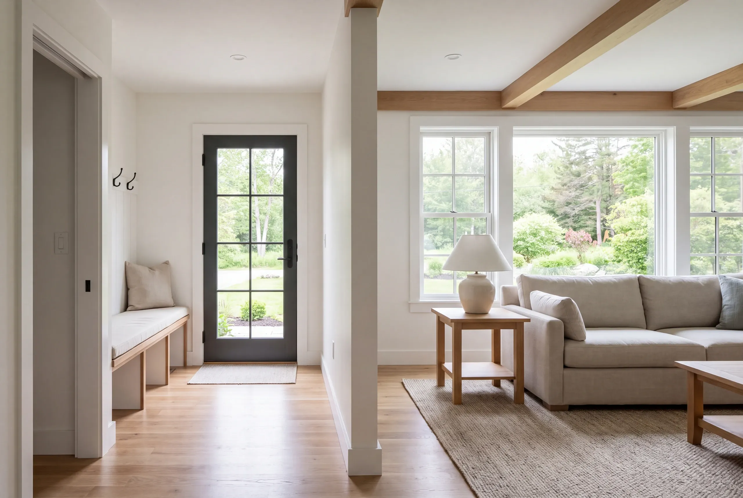 Interior view showing a bright entryway with a built-in bench and a connected living room with a sofa and wood-beamed ceiling.