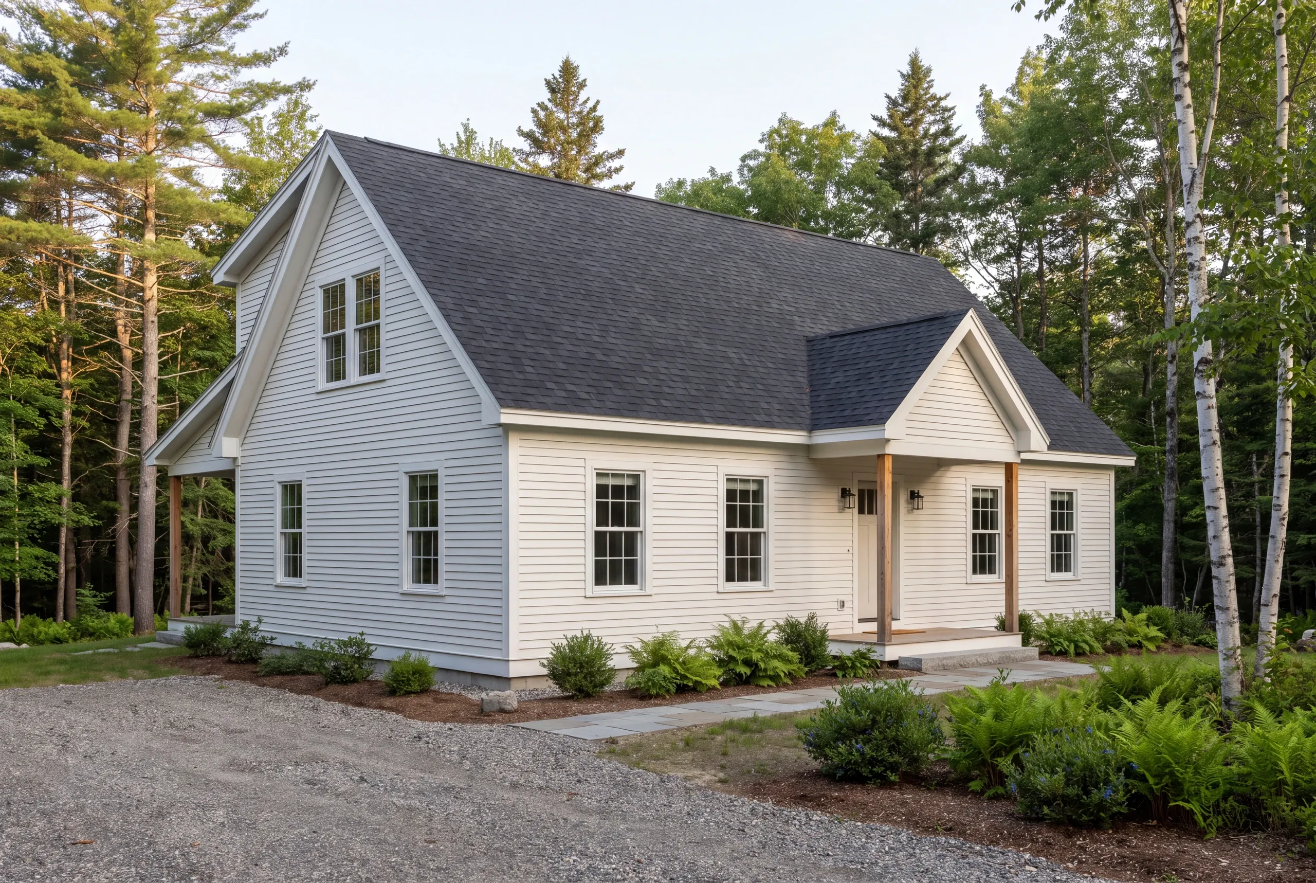 A two-story white house with a dark shingle roof stands surrounded by trees and a gravel driveway.