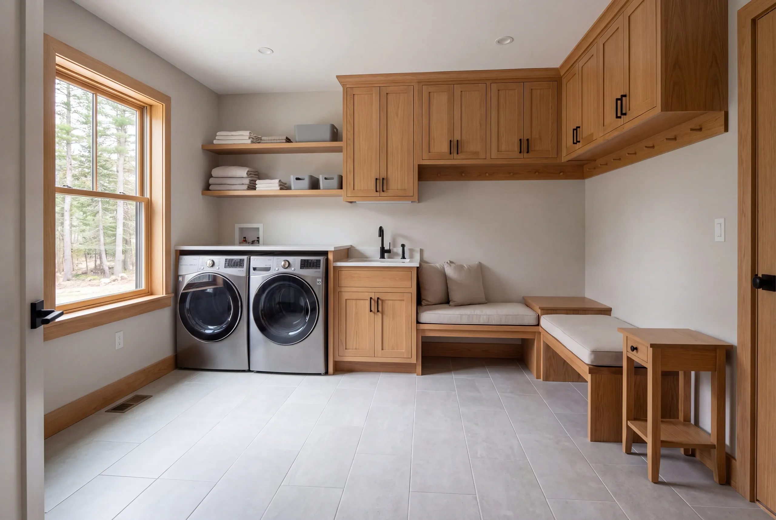 A brightly lit finished utility and laundry room features light wood cabinetry, a washer and dryer, a sink, and built-in seating benches.