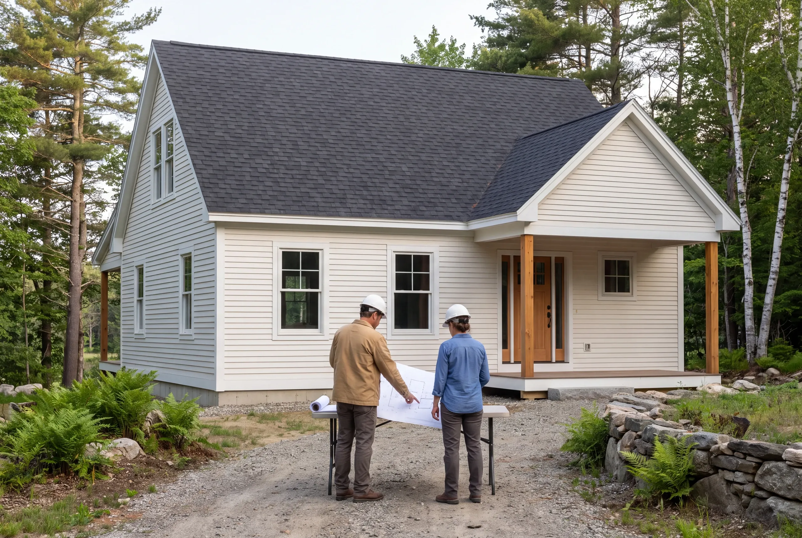 Two people wearing hard hats stand in front of a newly built house reviewing blueprints on a table.