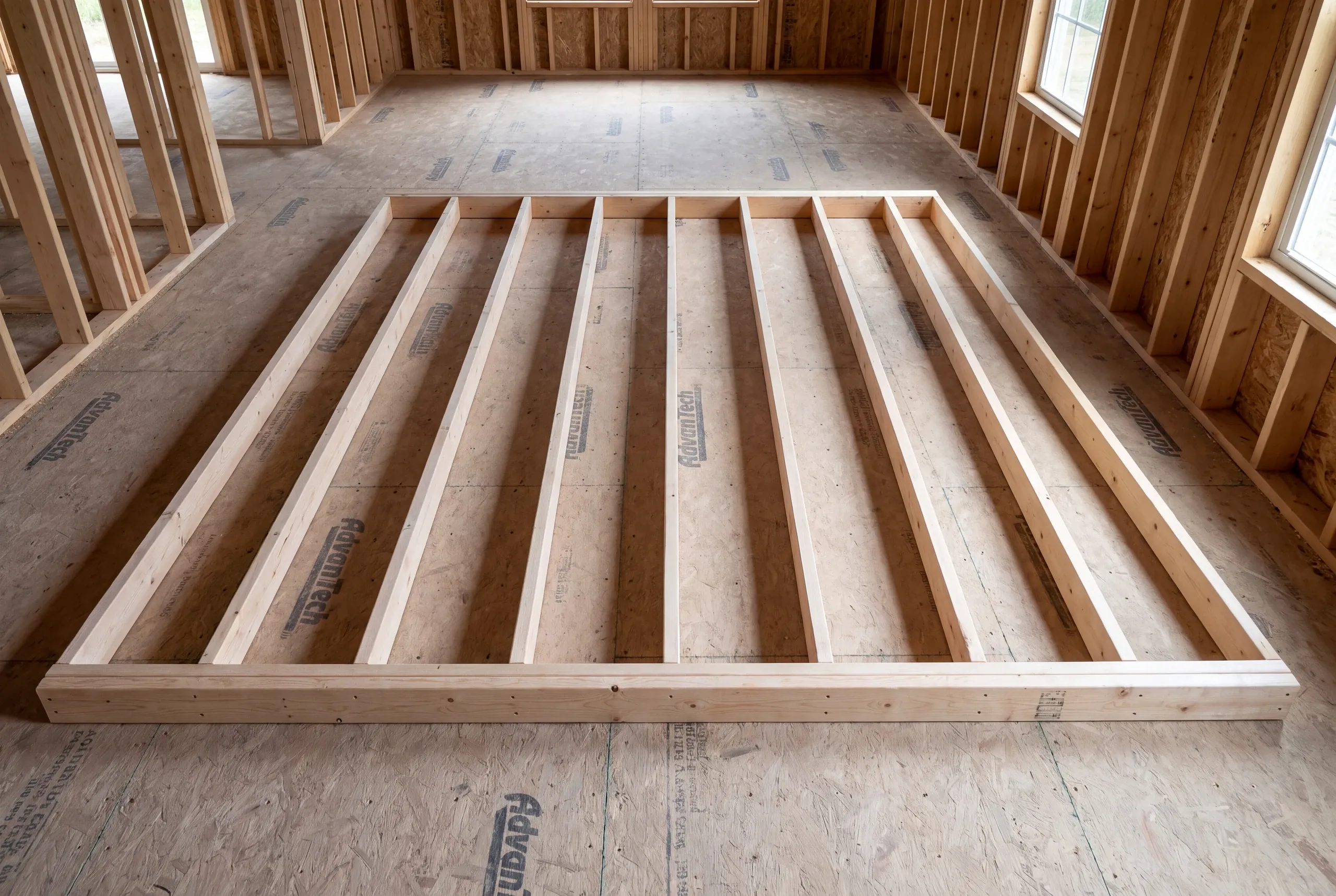 A wooden wall frame lies flat on a subfloor inside an unfinished framed room.