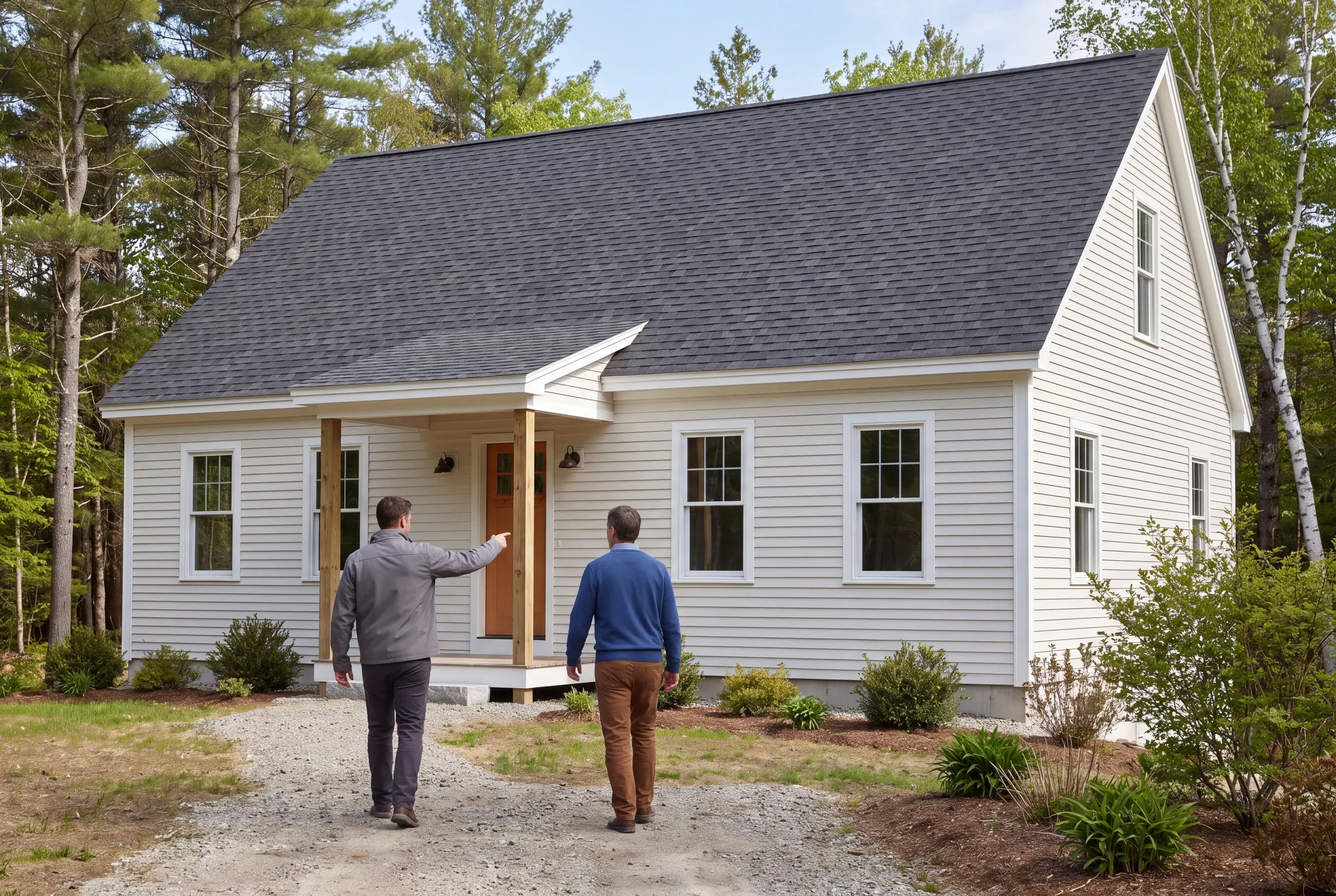 Two men walk on a gravel path toward the entryway of a light-colored two-story house surrounded by trees.