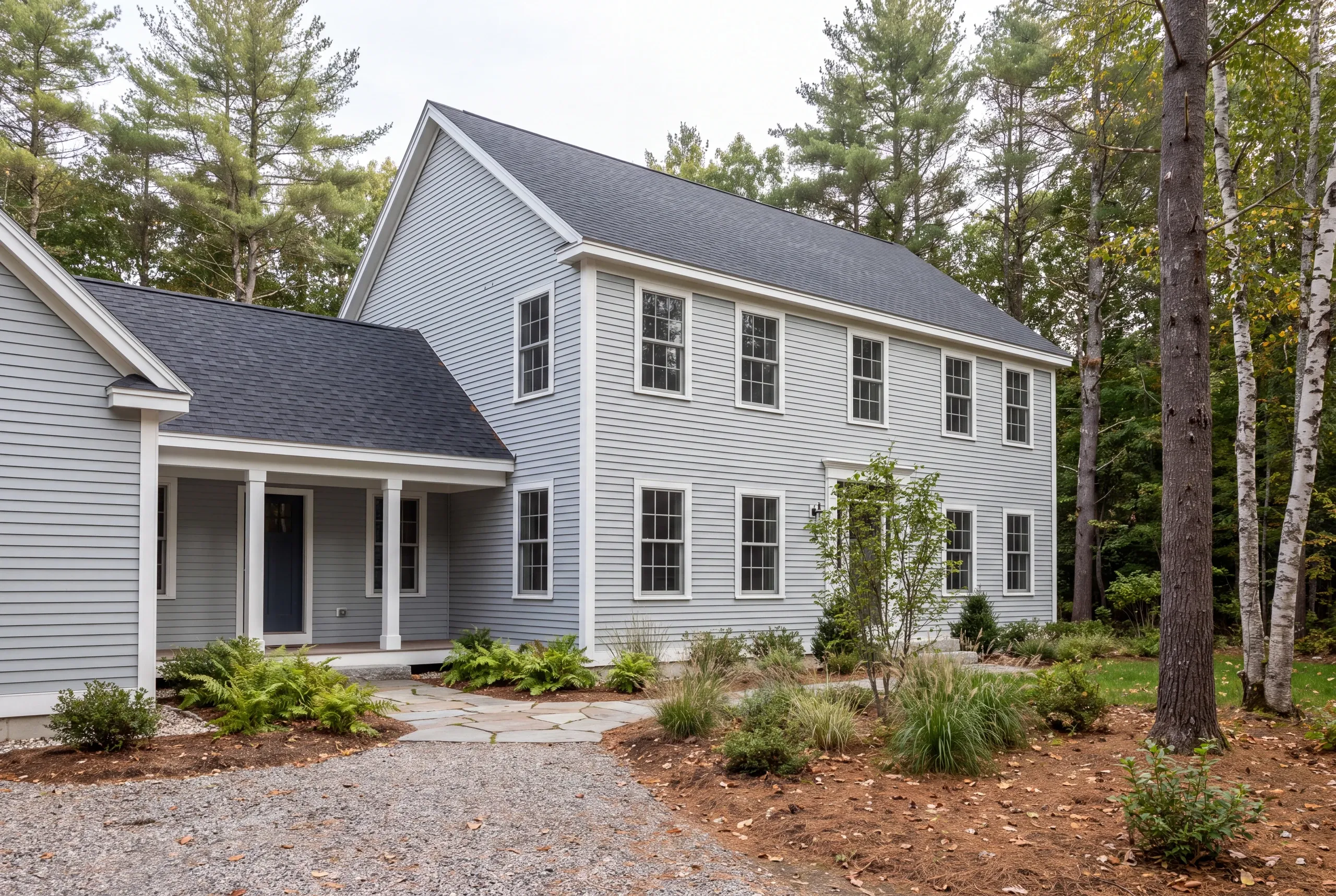 A two-story grey-sided house with a covered entry porch stands surrounded by trees and landscaping.