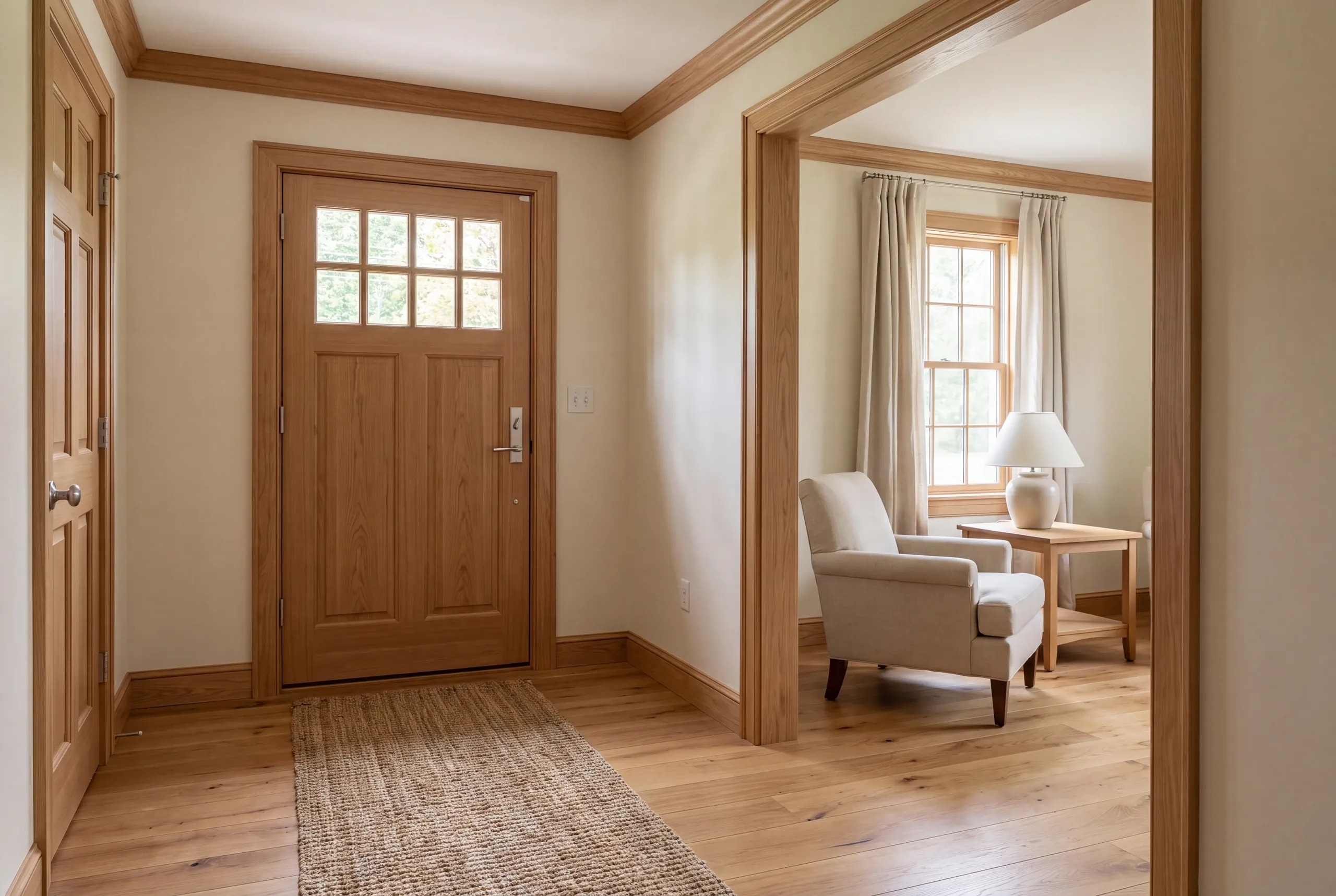 Interior view of an entryway with wooden doors and trim, connected to a living room featuring an armchair and lamp.