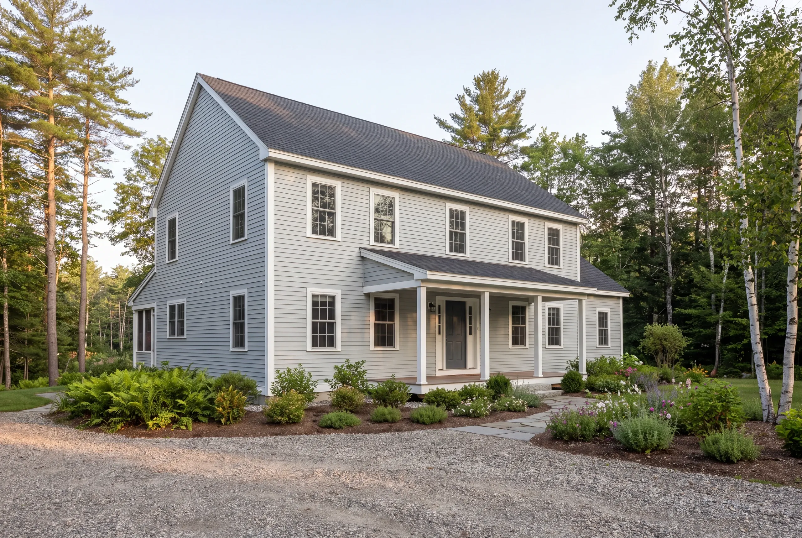 A two-story light blue house with a covered front porch and a gravel driveway surrounded by trees and landscaping.