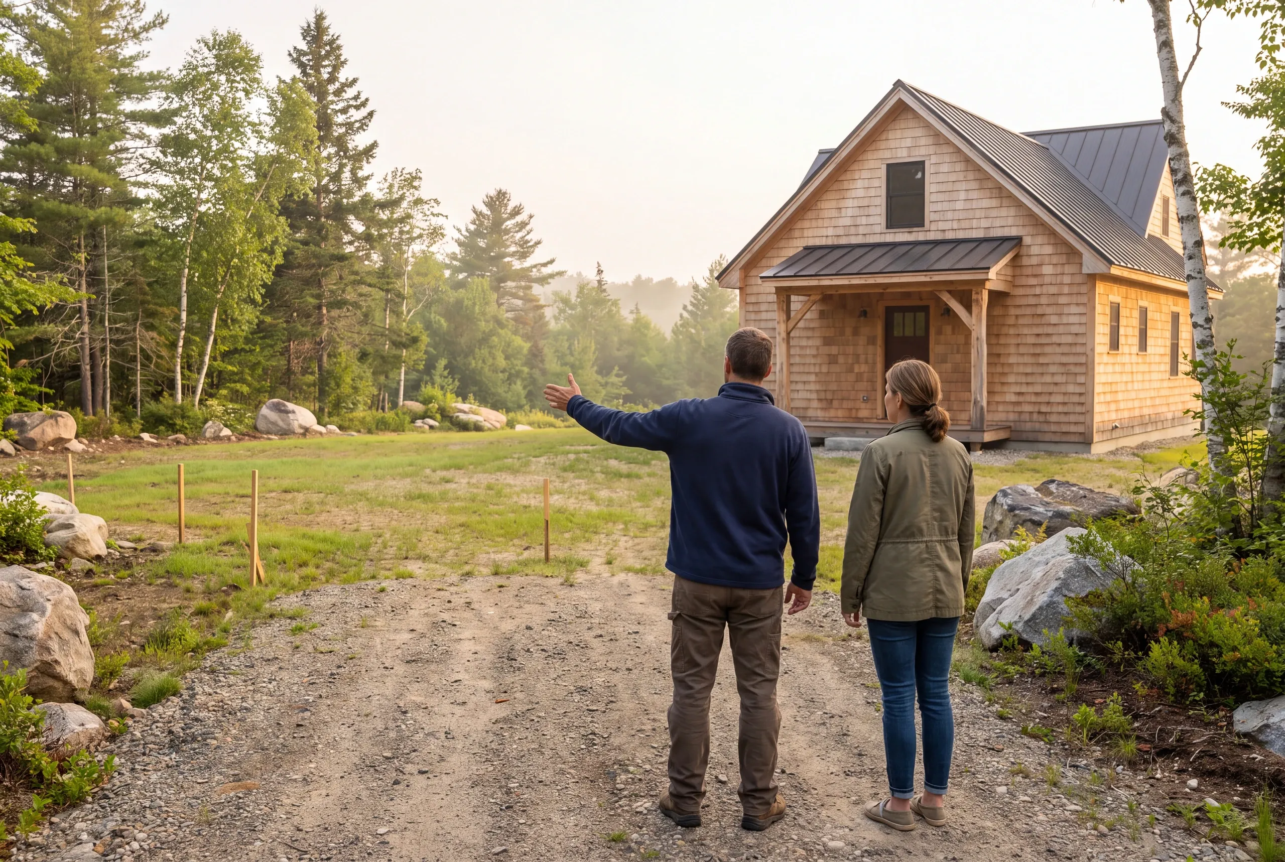 Two adults stand on a gravel path facing a wooden house and wooded area, with one person gesturing outward toward the land.