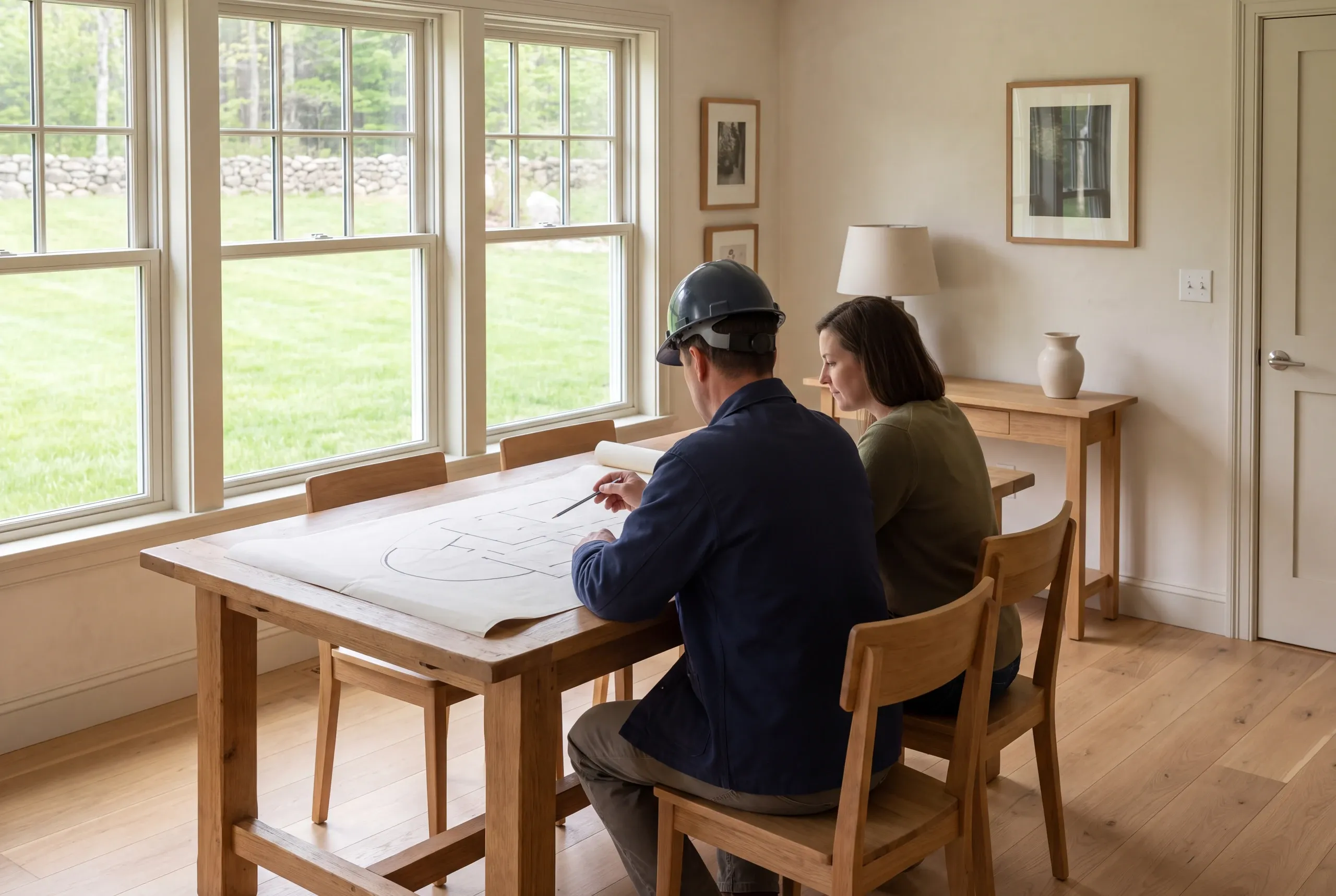 Two adults seated at a wooden table review a large house plan drawing by a window.