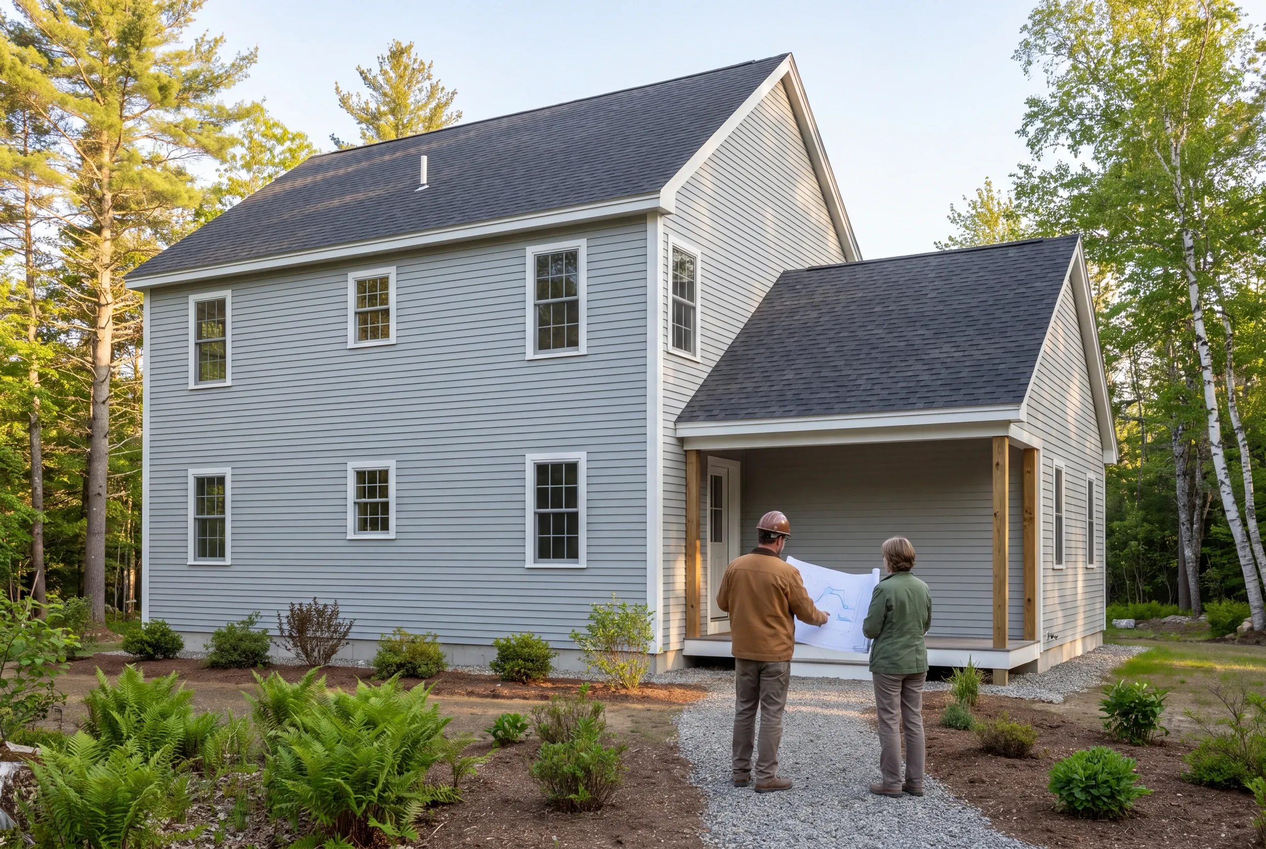 Two people viewed from behind stand on a gravel path facing a newly built two-story house with gray siding and a covered entryway.