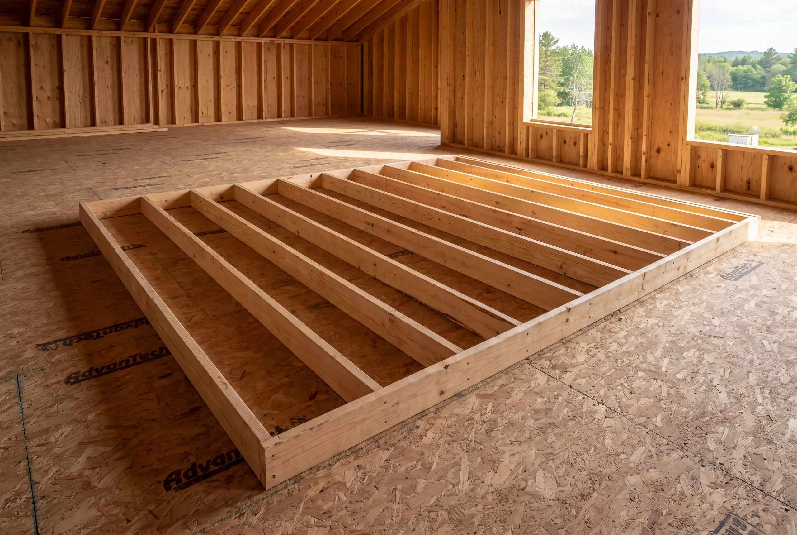 A wooden wall frame lies flat on an OSB subfloor inside an unfinished wooden structure with visible studs and windows.