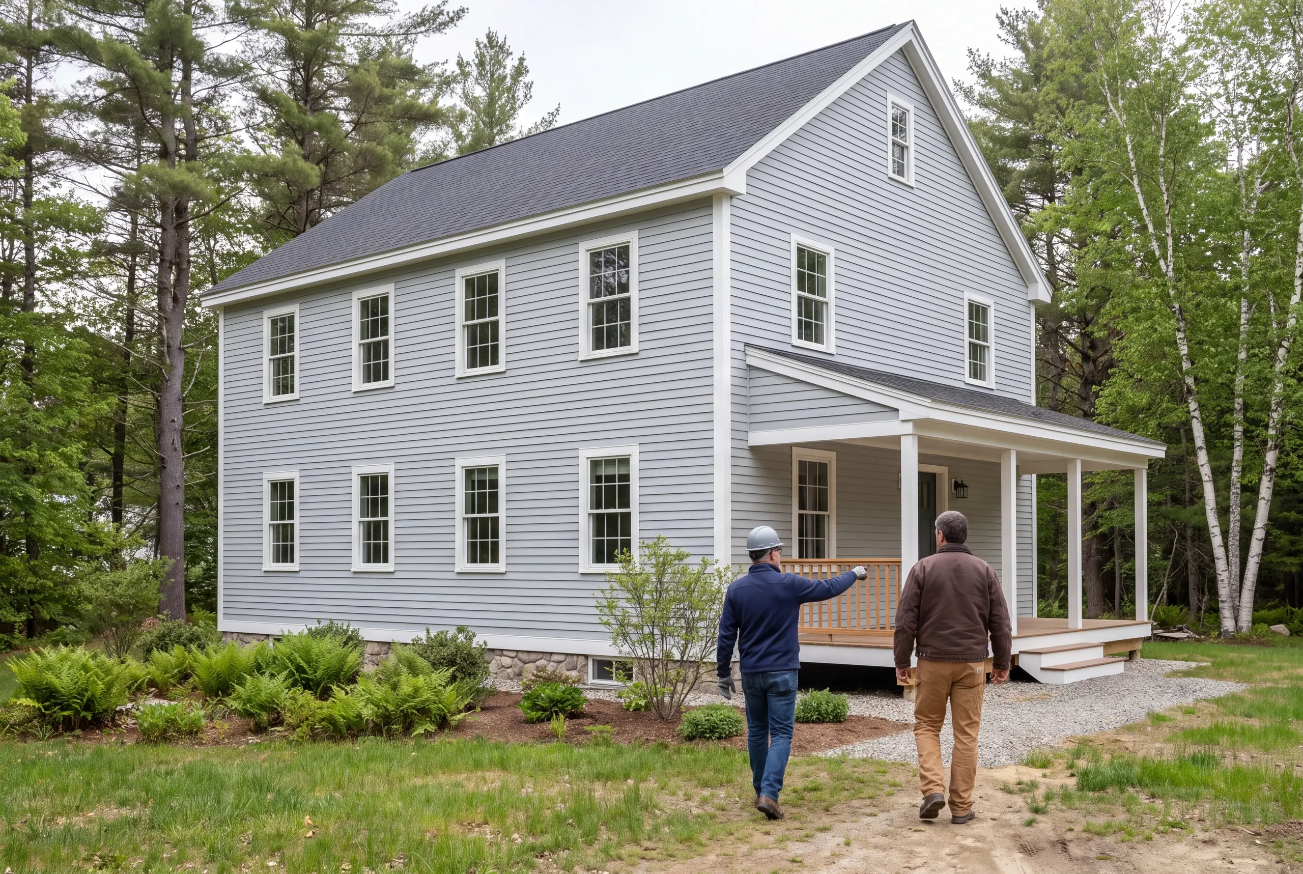 Two people walk toward a light grey two-story house with a covered front porch surrounded by trees.
