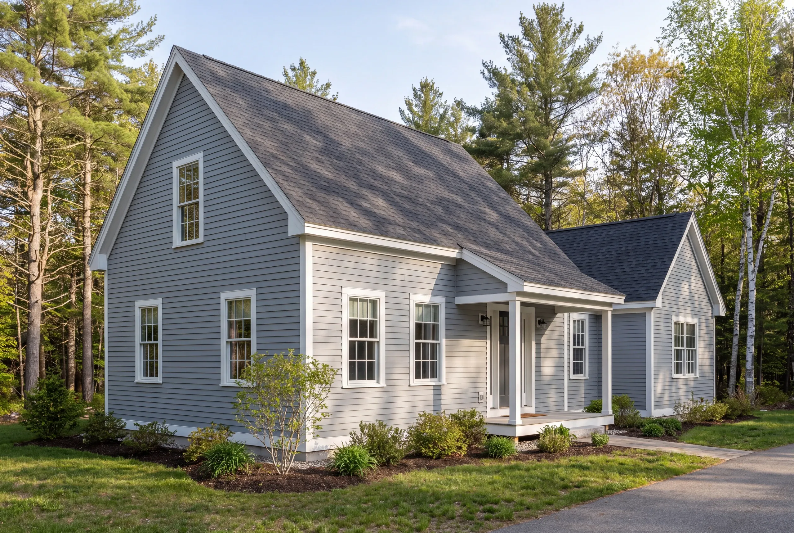 A two-story gray sided New England style home with white trim and a covered front entry, surrounded by trees and a paved driveway.