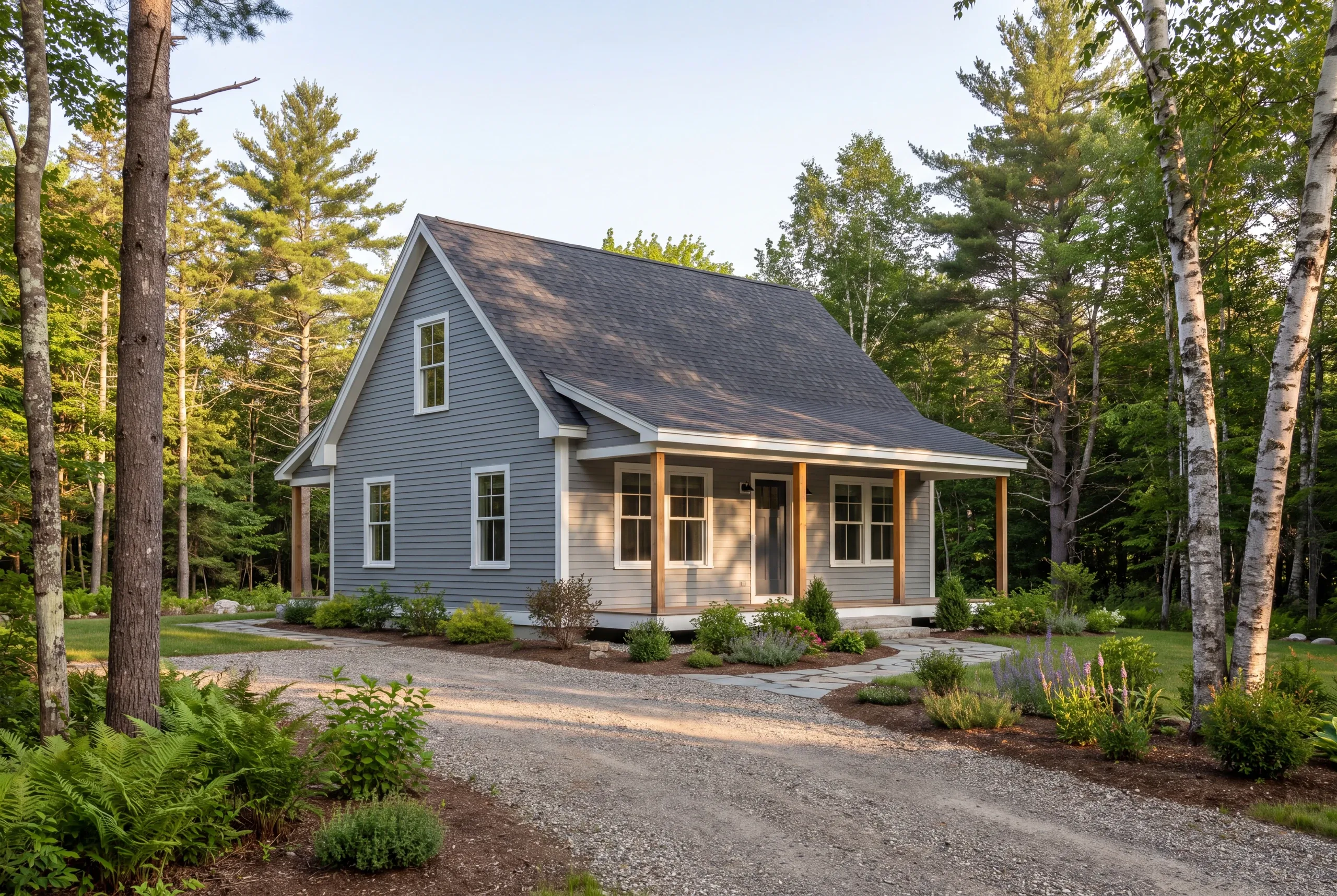 A grey two-story house with a covered front porch stands among trees with a gravel driveway and stone path leading up to it.