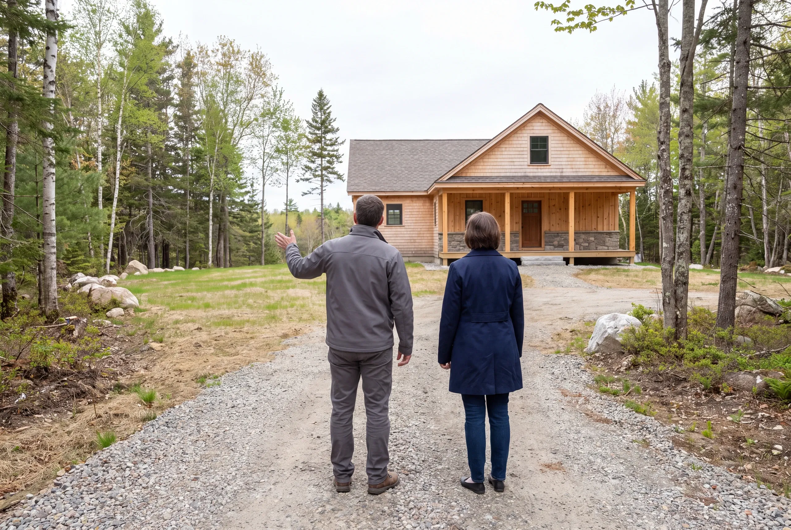 Two people viewed from behind stand on a gravel path looking toward a wooden house surrounded by trees.