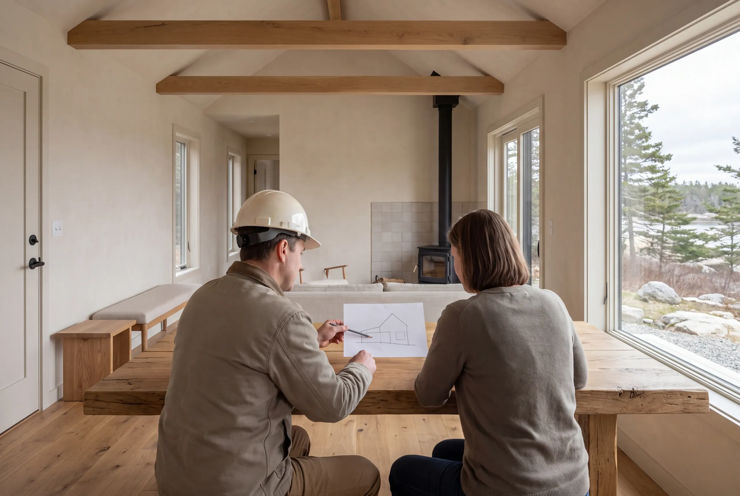 A builder wearing a hard hat and a homeowner sit at a rustic wooden table, reviewing a house plan sketch.