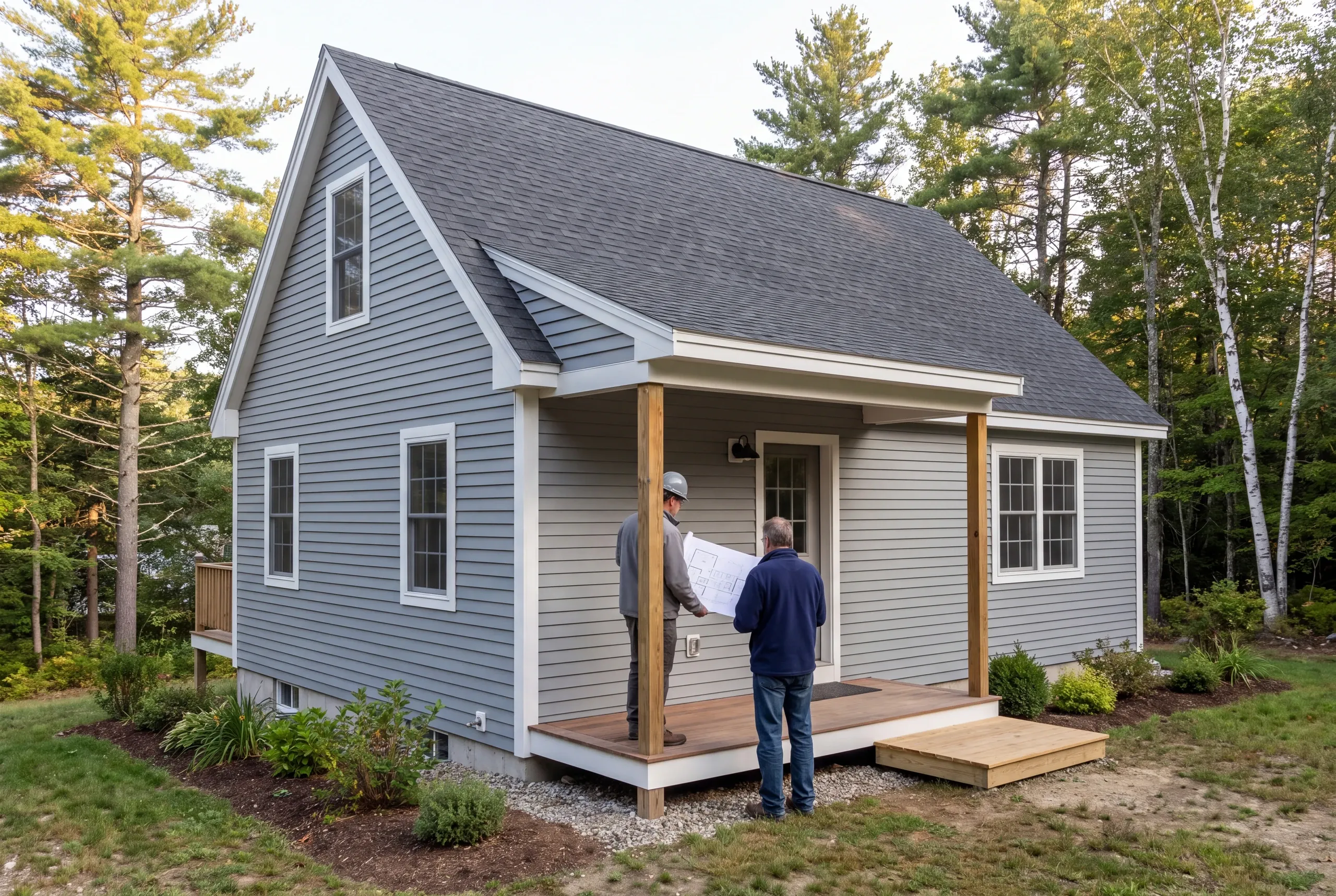 Two adults stand on the front porch of a gray sided house looking at a blue blueprint.