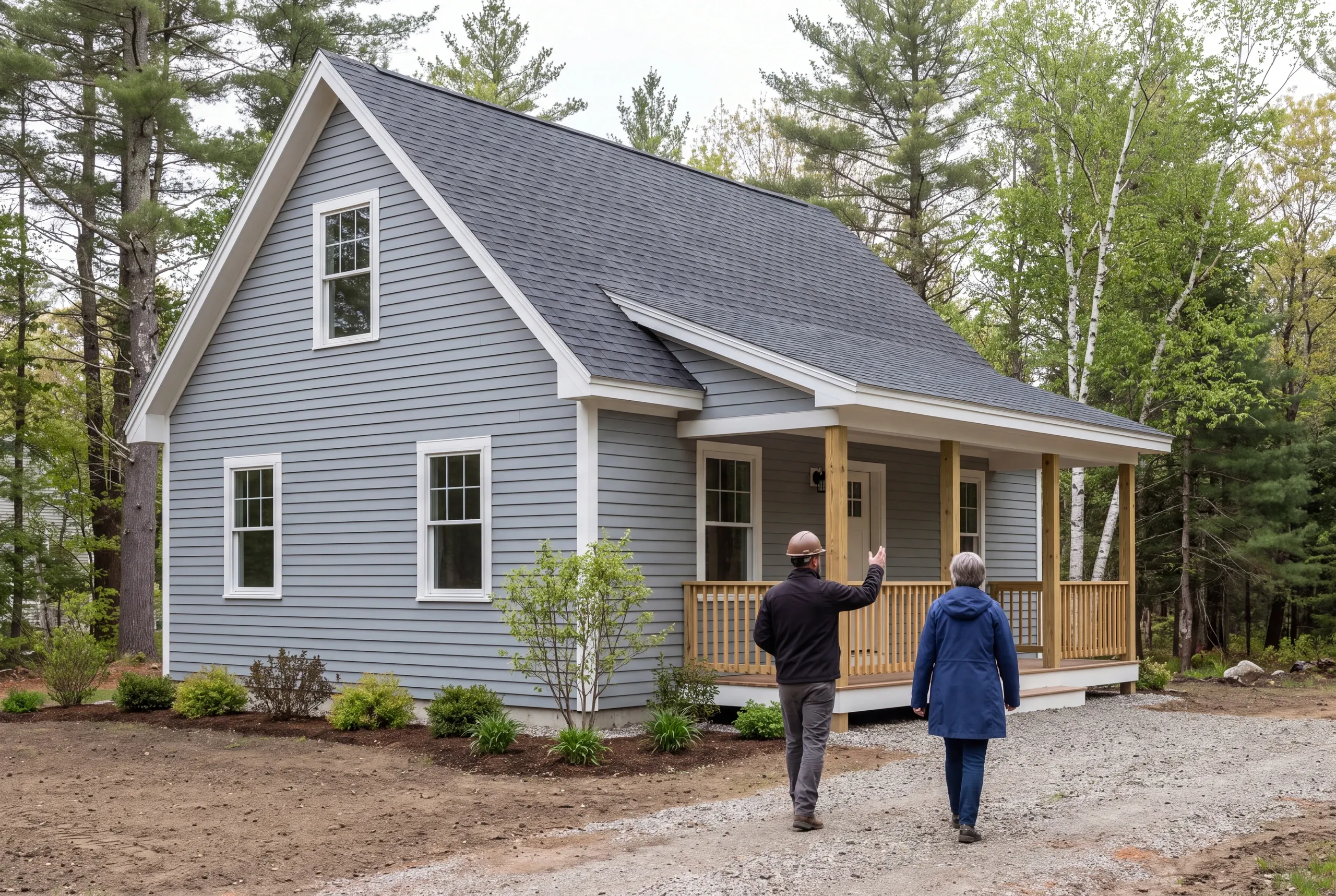 Two people walk on a gravel path toward the covered porch of a gray-sided house surrounded by trees.