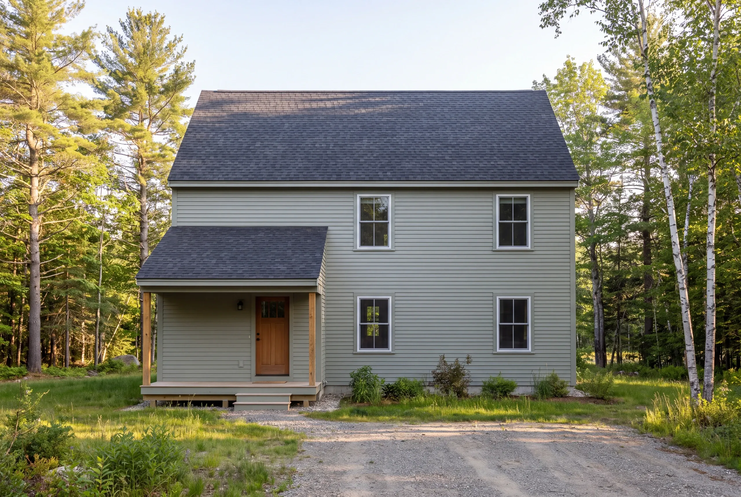 Exterior view of a green two-story home with a covered front porch, dark shingle roof, and surrounding forest.