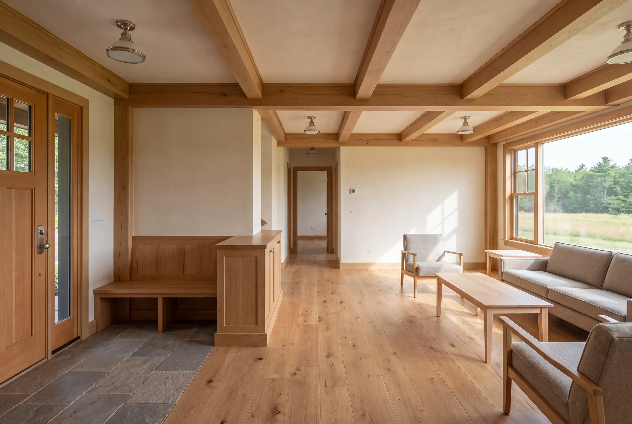 A finished entryway with a slate tile floor connects to a wood-beamed living room containing a sofa, armchairs, and coffee table.