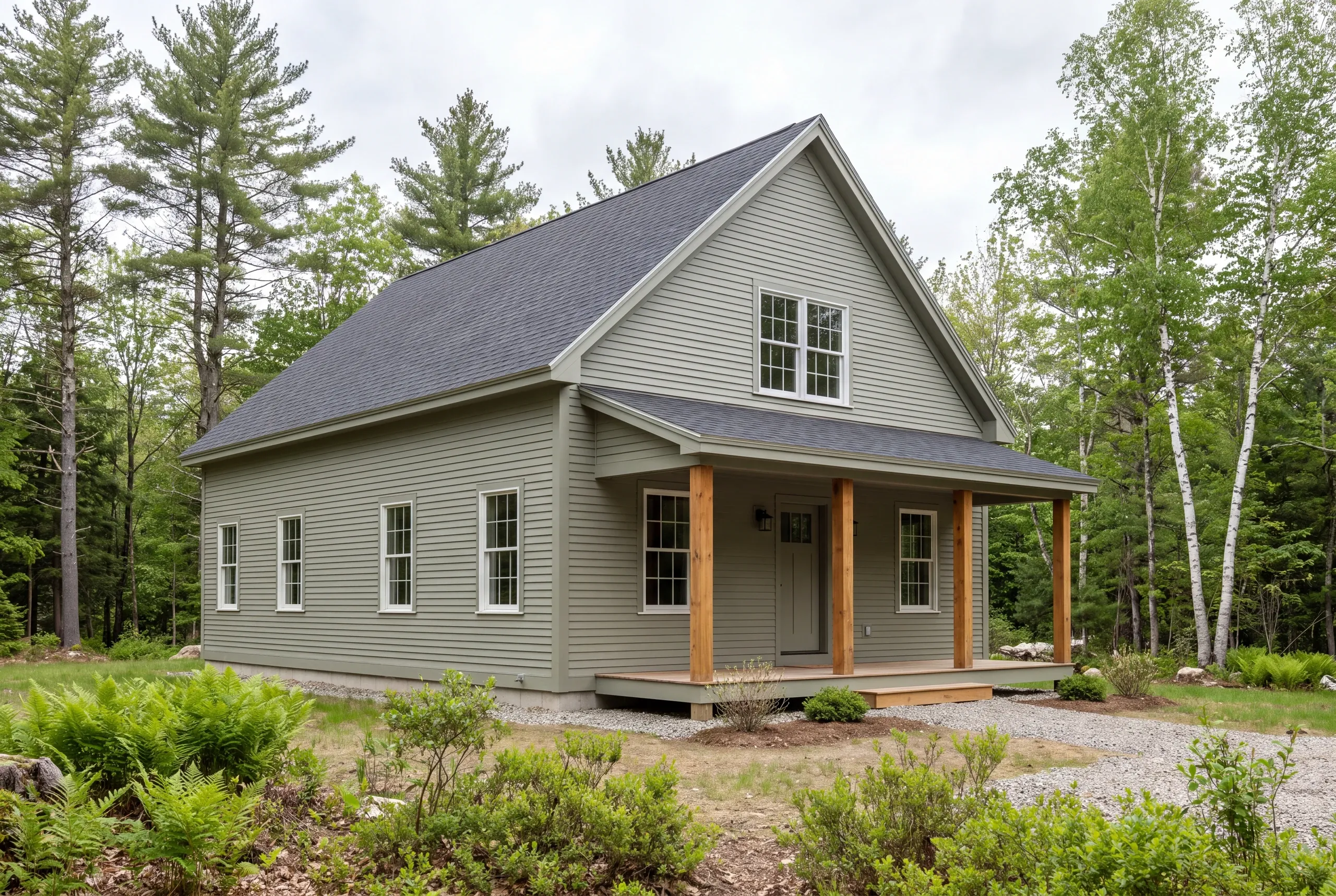 A two-story green sided home with a covered front porch stands surrounded by tall pine trees and natural vegetation.