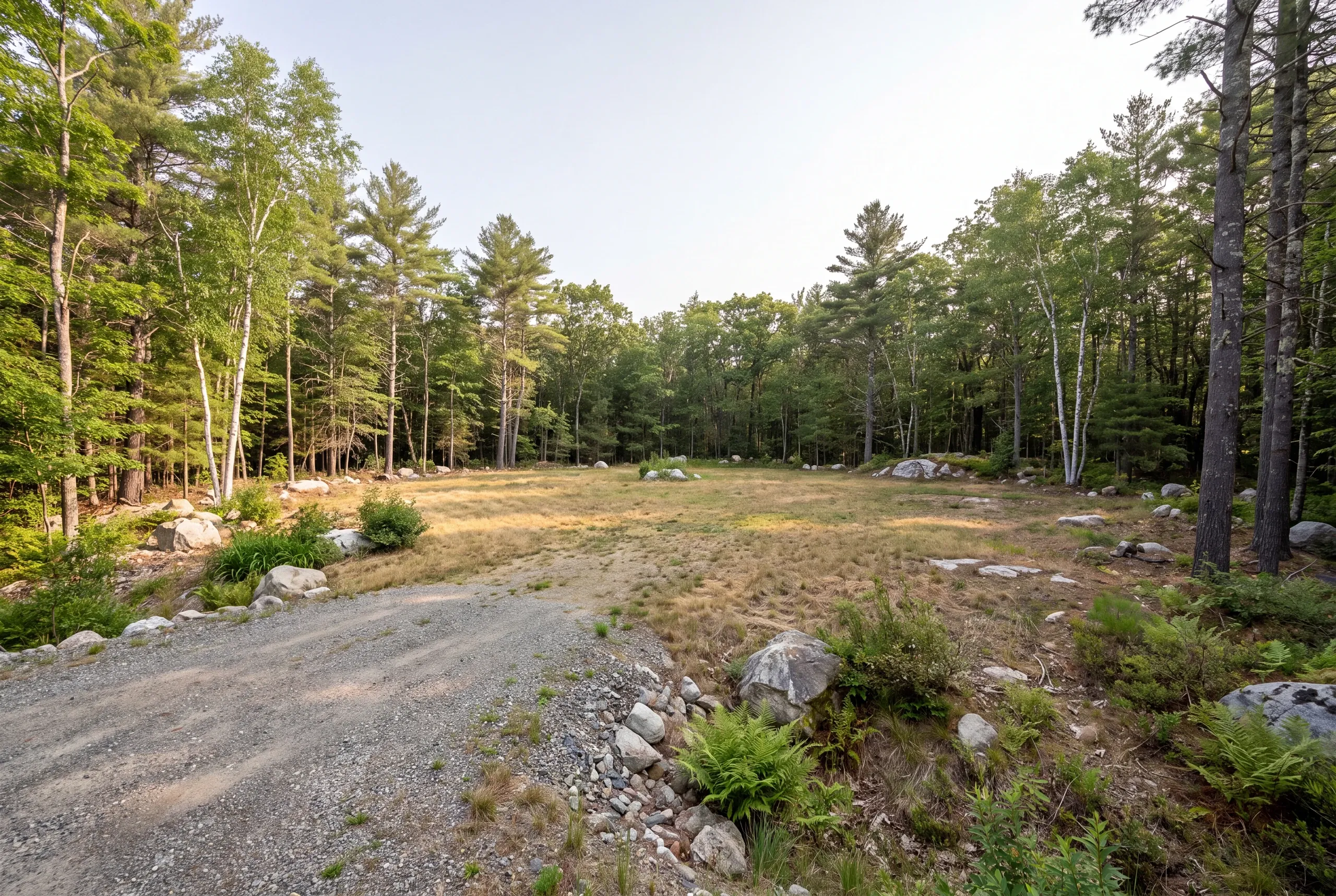 A gravel driveway leads to a level clearing surrounded by mixed pine and birch trees with scattered rocks on the ground.