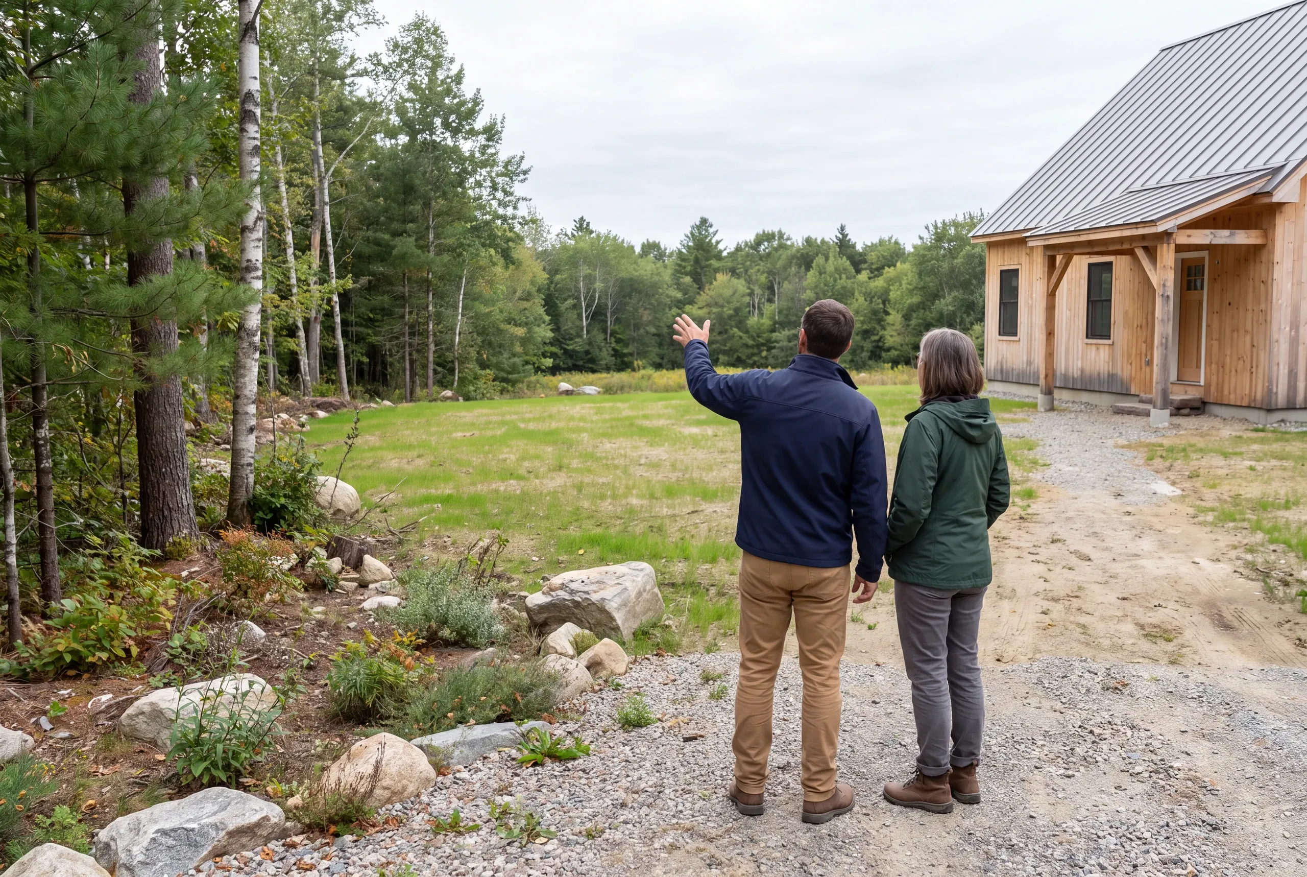 Two adults stand viewed from behind on a gravel path near a wooden building, looking toward an open grassy area with trees.